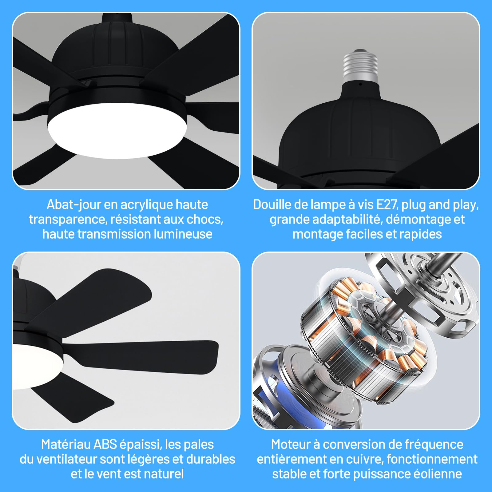 MagiDeal Ventilateur Plafond avec Lumières, 40W Lampe Plafonnier Ventilateur avec E27 Ventilateur à Douille avec Ventilateur de Plafond à Distance 3 Couleurs Dimmable, 3 Vitesses pour Chambre, Noir