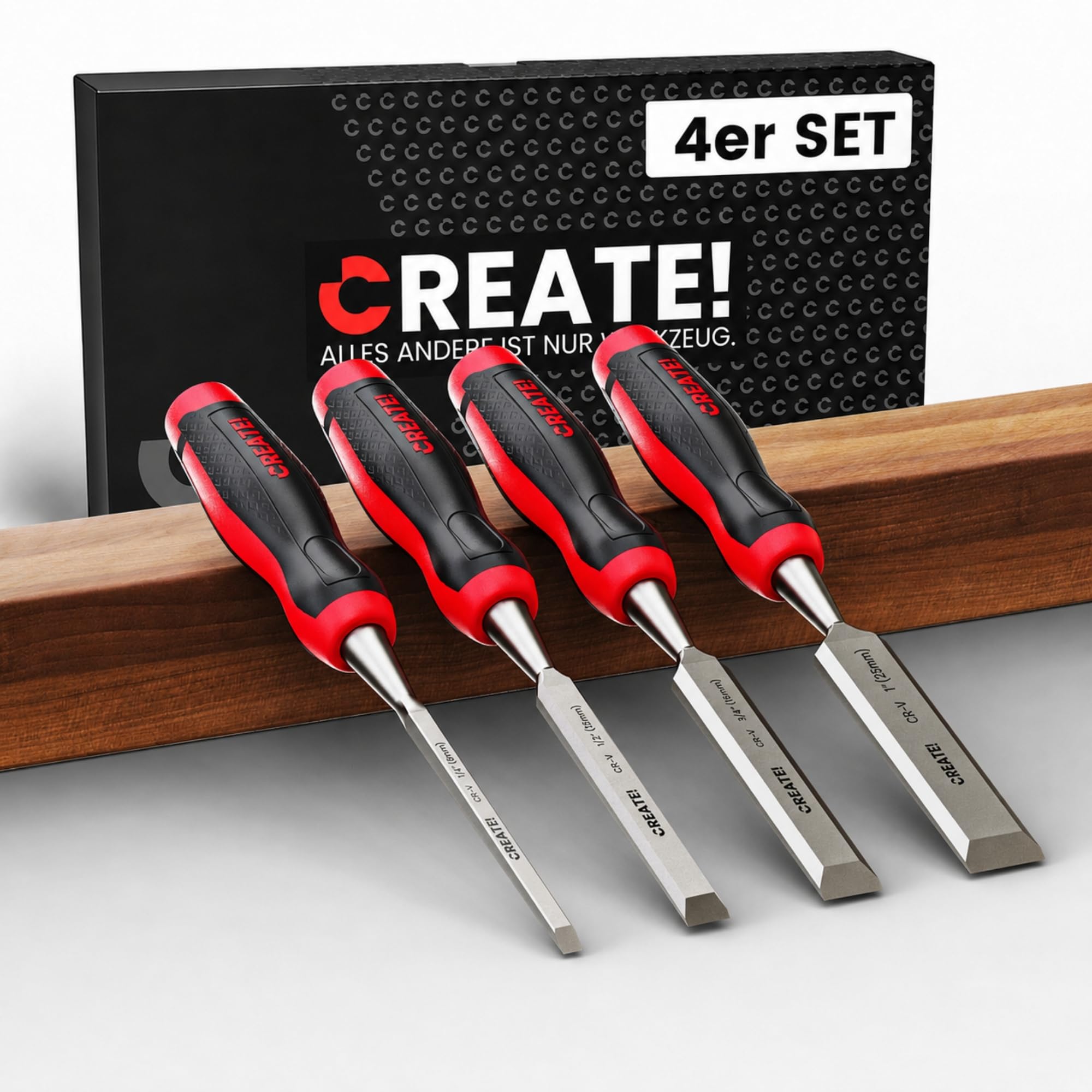 CREATE! Stemmeisen, Stechbeitel, Meißel 4er Set (6, 13, 19, 25 mm) mit Stahlkappe und mit einem 25° Winkelschliff
