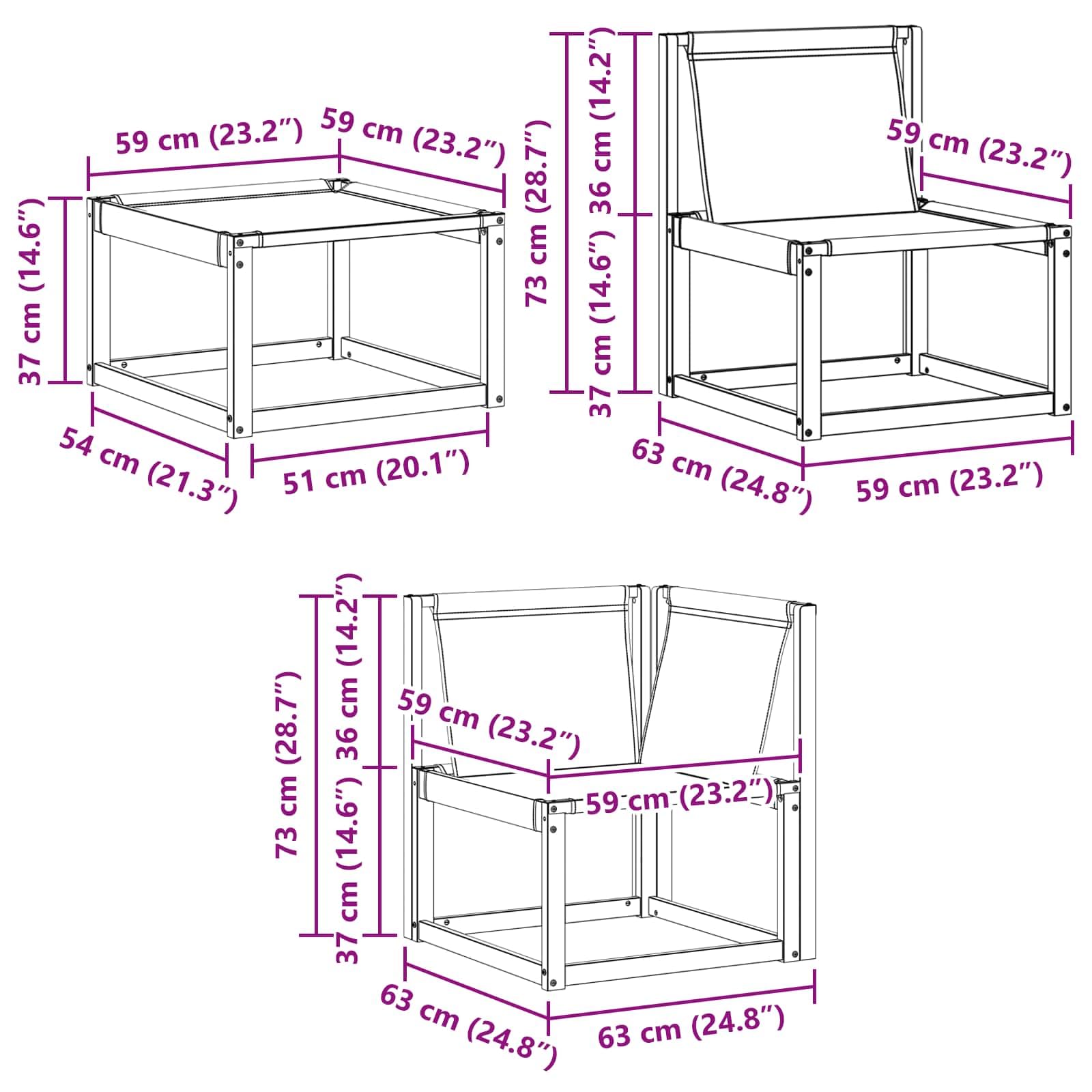 Outdoor-Sofagarnitur 7-teilig mit Kissen aus massivem Akazienholz und Textilene, natürlich und schwarz, Gartensofa mit Tisch, Hocker, Sitzgruppe für Terrasse, Pool und Garten