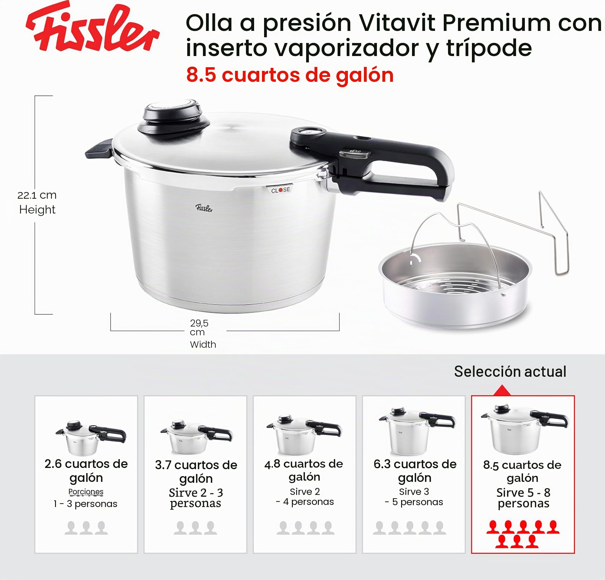 Fissler Vitavit Premium Olla a presión de 8 L y 26 cm de diámetro, acero inoxidable, 4 niveles de cocción, incluye accesorio de cocción al vapor, inducción