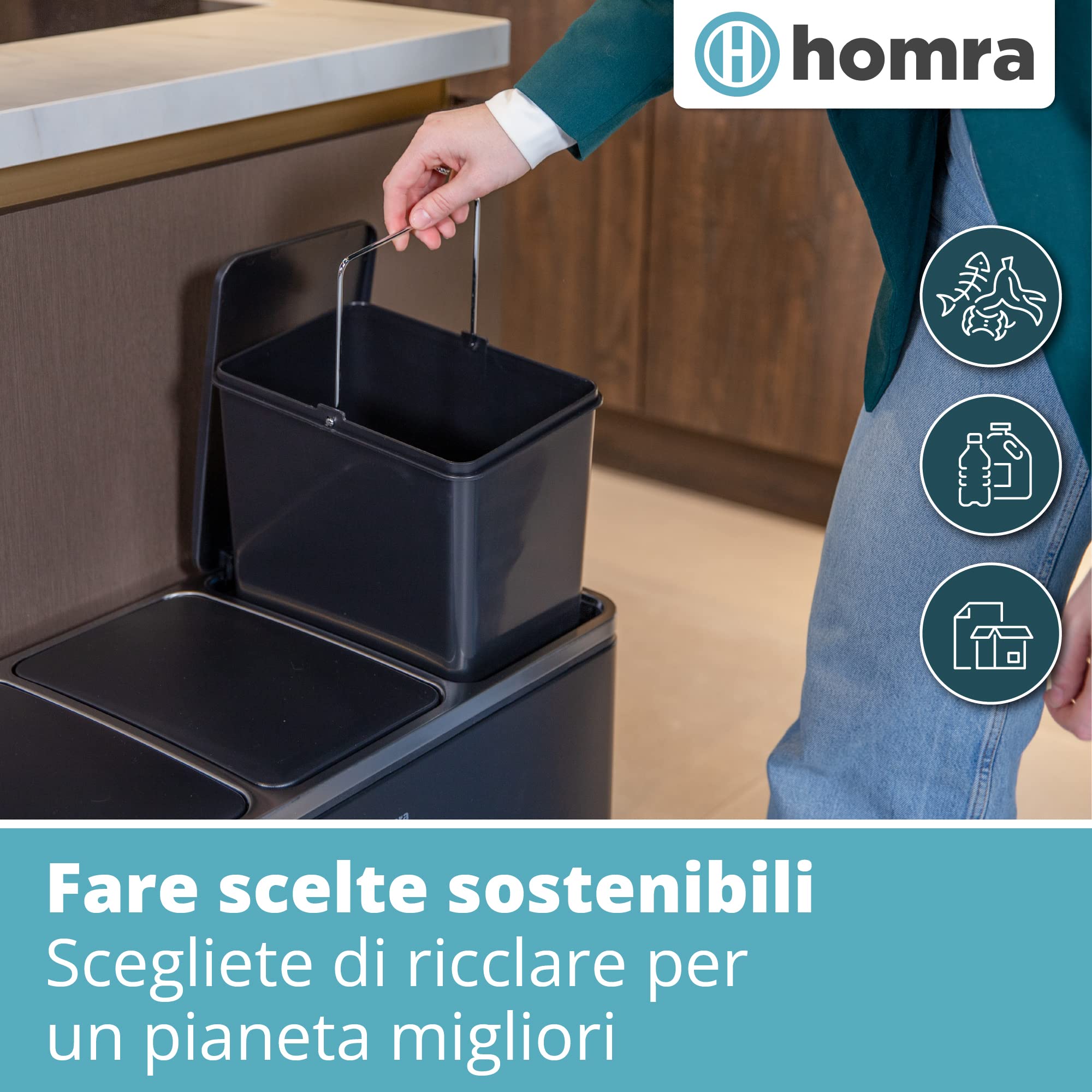 Homra Cestino Spazzatura Sparq da 54L - Pattumiera Differenziata 3 Scomparti - Secchio Spazzatura 3x18 litri - Pattumiera con Pedale in Acciaio Inox - Sistema Differenziata 3 Contenitori in 1. Nero