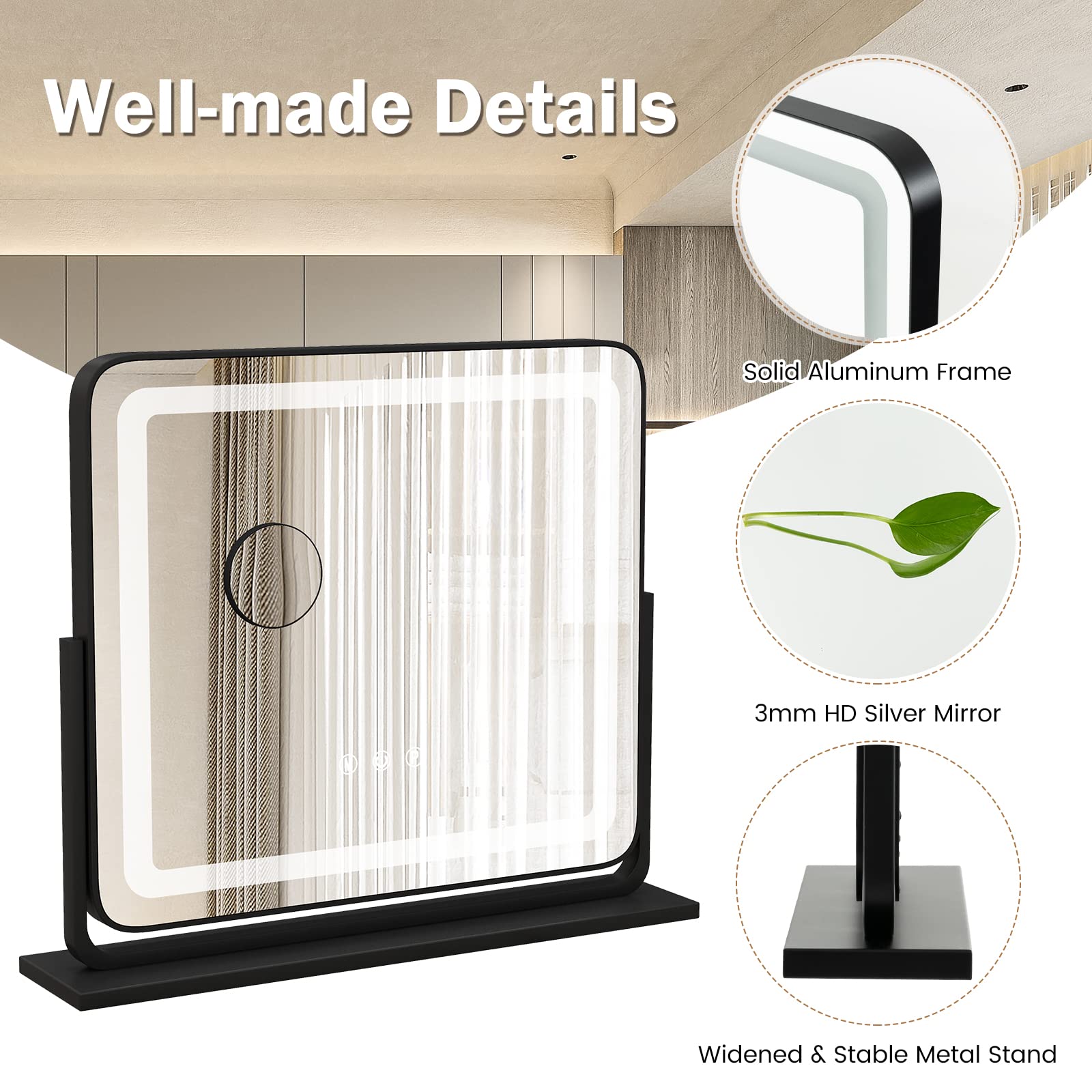 LIFEZEAL Espejo de Maquillaje con Luz, Espejo Hollywood con Led de 3 Colores, Espejo de Mesa con 5 aumentos y Smart Touch, Giratorio 360° y 3 Modos de Luminosidad, 50x44 cm