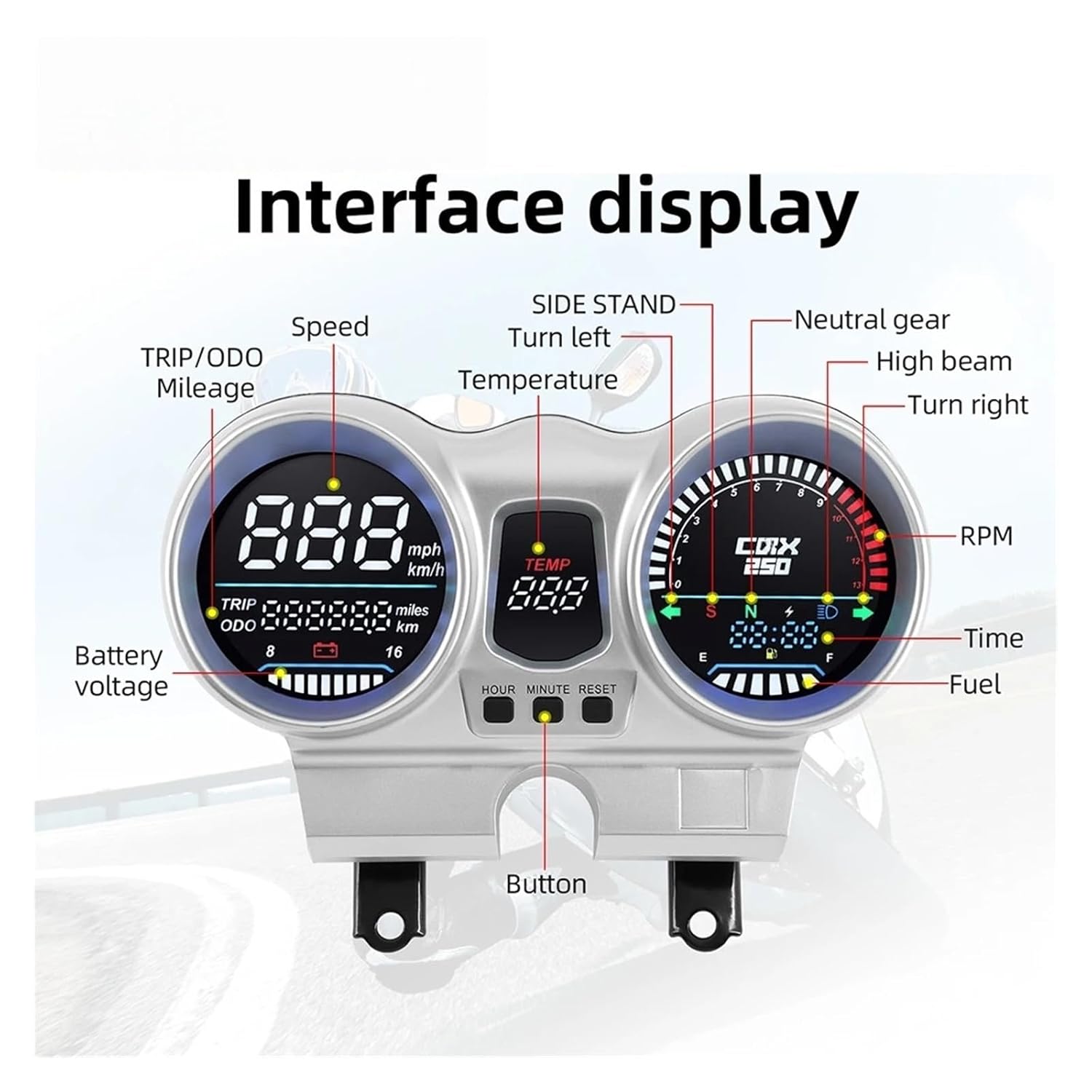 Motorcycle Speedometer Tachometer Motorcycle Speedometer Gauge Odometer Display Speed Meter 37100-KPF-961 for HO&ND&A CBX250 CBF250 Twister 2001-2008