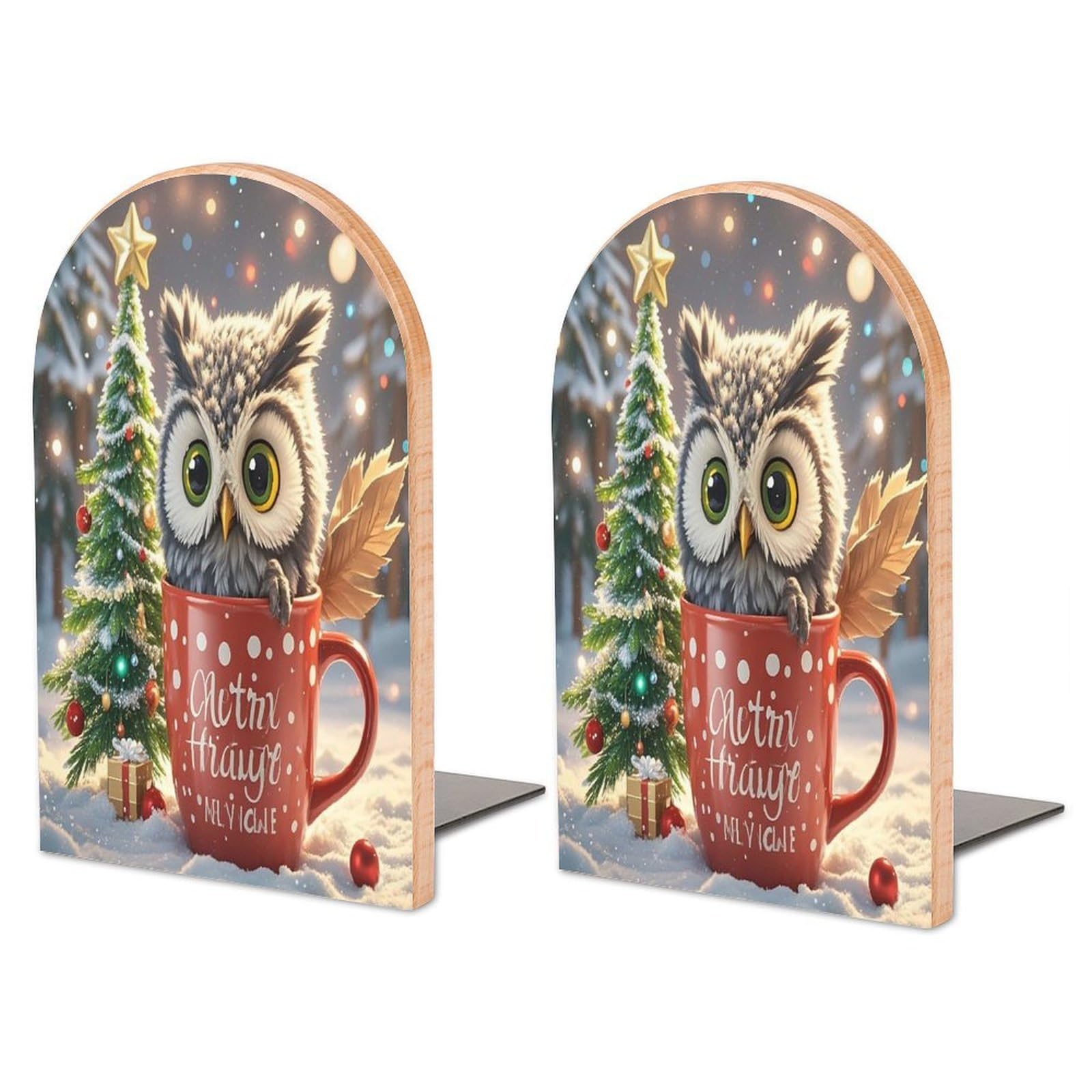 Owl Cup Bookend for Shelves Non-Skid Book Holder Modern Heavy Duty Bookend Stopper Metal Base Wood Book End Books Shelf Holder Home Decorative 1pair 6.7x3.9x4.7