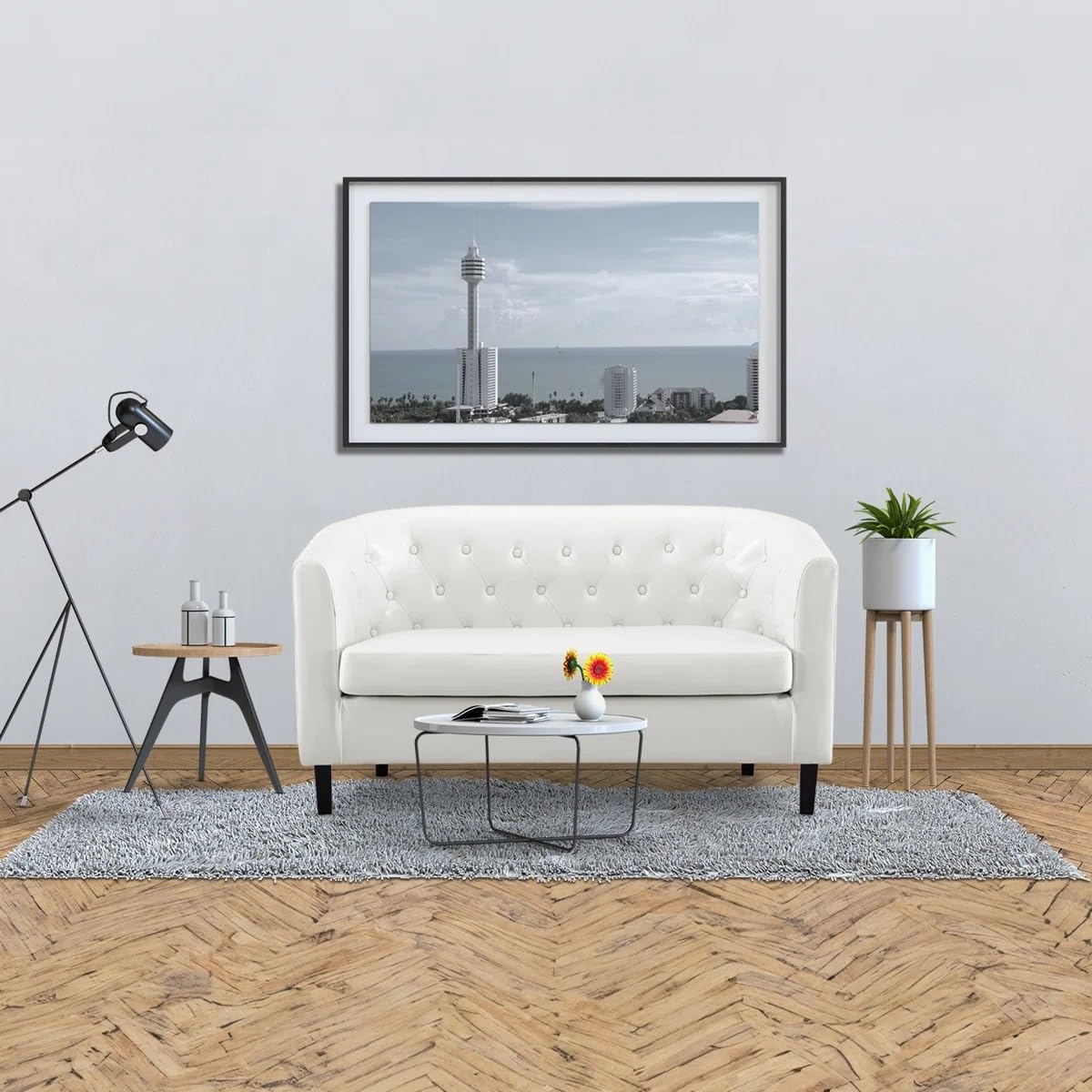 Engelhardt Faux Leather Midcentury Barrel Loveseat 2 Seater Sofa Couch for Bedrooms and Living Room. (White Faux Leather)-image-28
