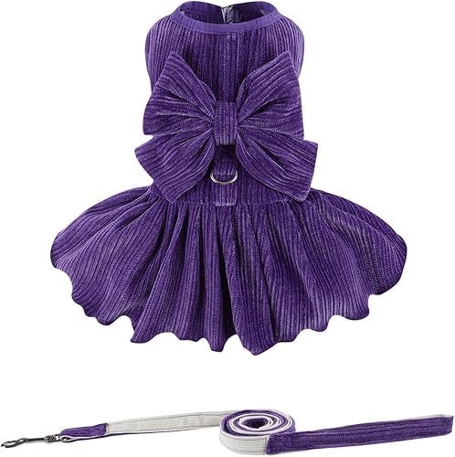 Vestido a rayas para perro, disfraz de lazo para niña con anillo y correa de arnés, vestido de fiesta de cumpleaños de boda para perro (morado, XS)