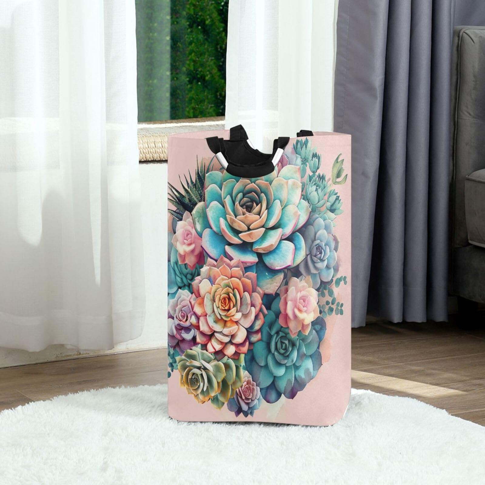 Jihqo Laundry Hamper Basket Fresh Succulents Collapsible Nursery Storage Bin Waterproof Clothing Baskets for Home Bedroom Bathroom Washing Room