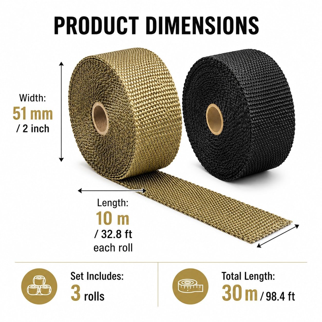 Fascia Termica Scarico, 3 Rotoli, 51 mm x 10 m | Struttura tessuta flessibile per collettori e tubi curvi, con quattro fascette di fissaggio per mantenere l’avvolgimento