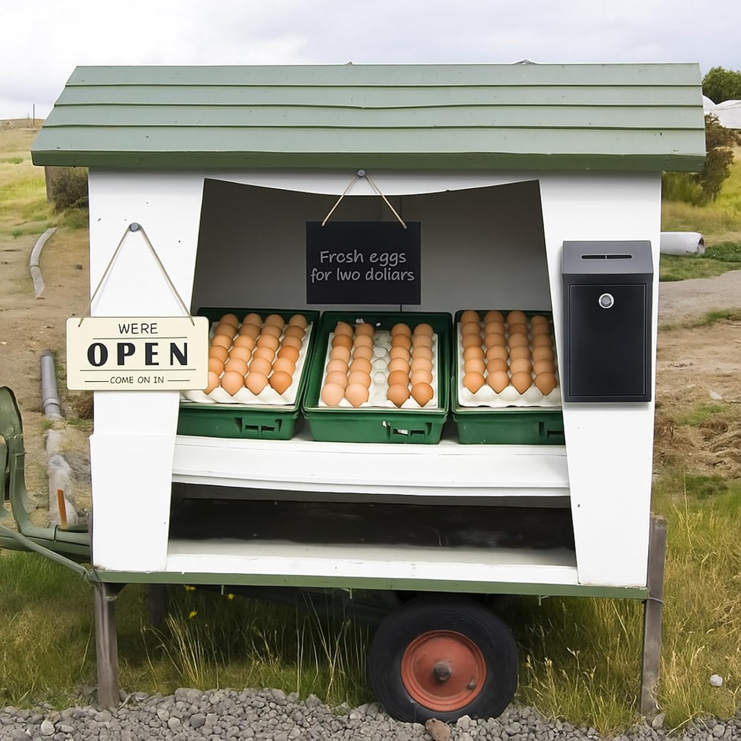 LEIFIDE Farm Self Serve Stall Supplies Included Money Cash Box with Key and Slot Message Board with Hanging String Open Closed Sign for Farm Business Home Office Outdoor