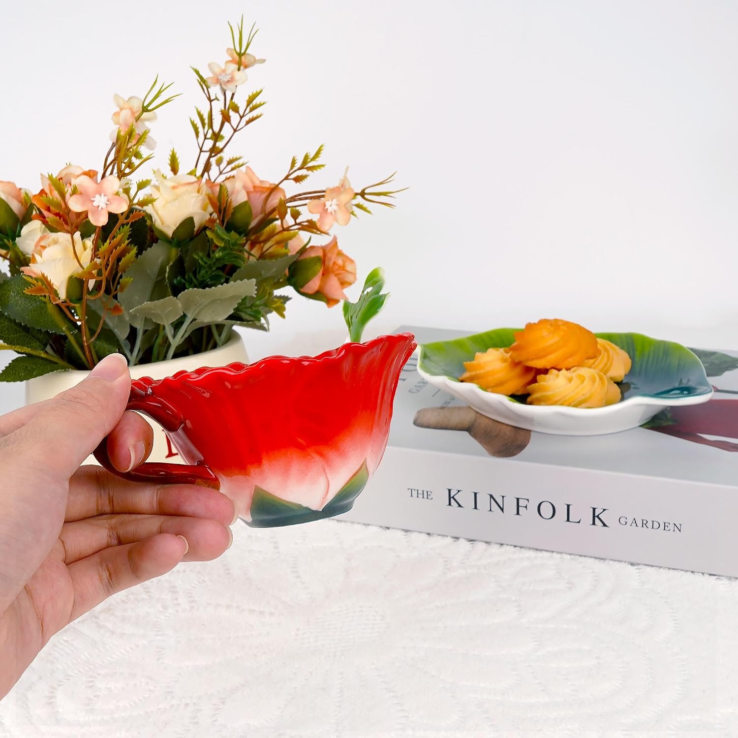 Hibiscus Flower Tea Cup and Saucer Set 6 Oz, Enamel Flower Porcelain Coffee Cup Saucer Set with Spoon for Women, Hand Crafted Tea Set (Hibiscus)