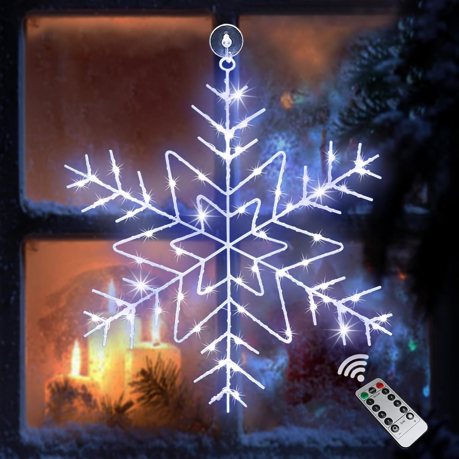 Christmas Snowflake Window Lights Decorations, 14" 63 LED 8 Lighting Modes Cool White Snowflake Light with Remote Control Timer, USB Powered Christmas Silhouette Window Lights for Home Xmas Decor Cool White 1 Pack