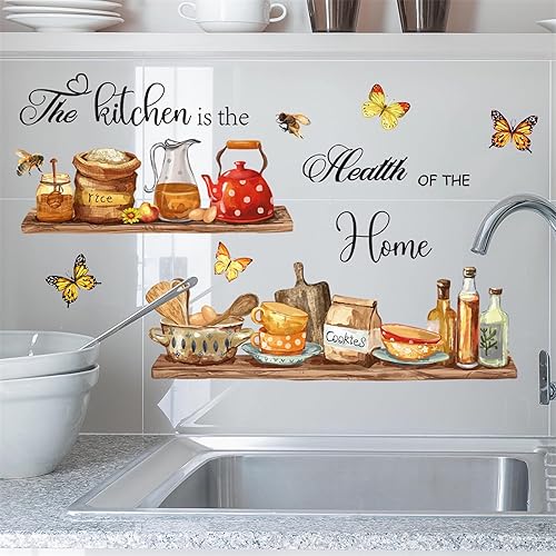 Miniatura 6 de Adhesivos de pared para estante de utensilios de cocina, sacinora The Kitchen is the Heart of Home, calcomanía de pared de abeja de mariposa, vinilo