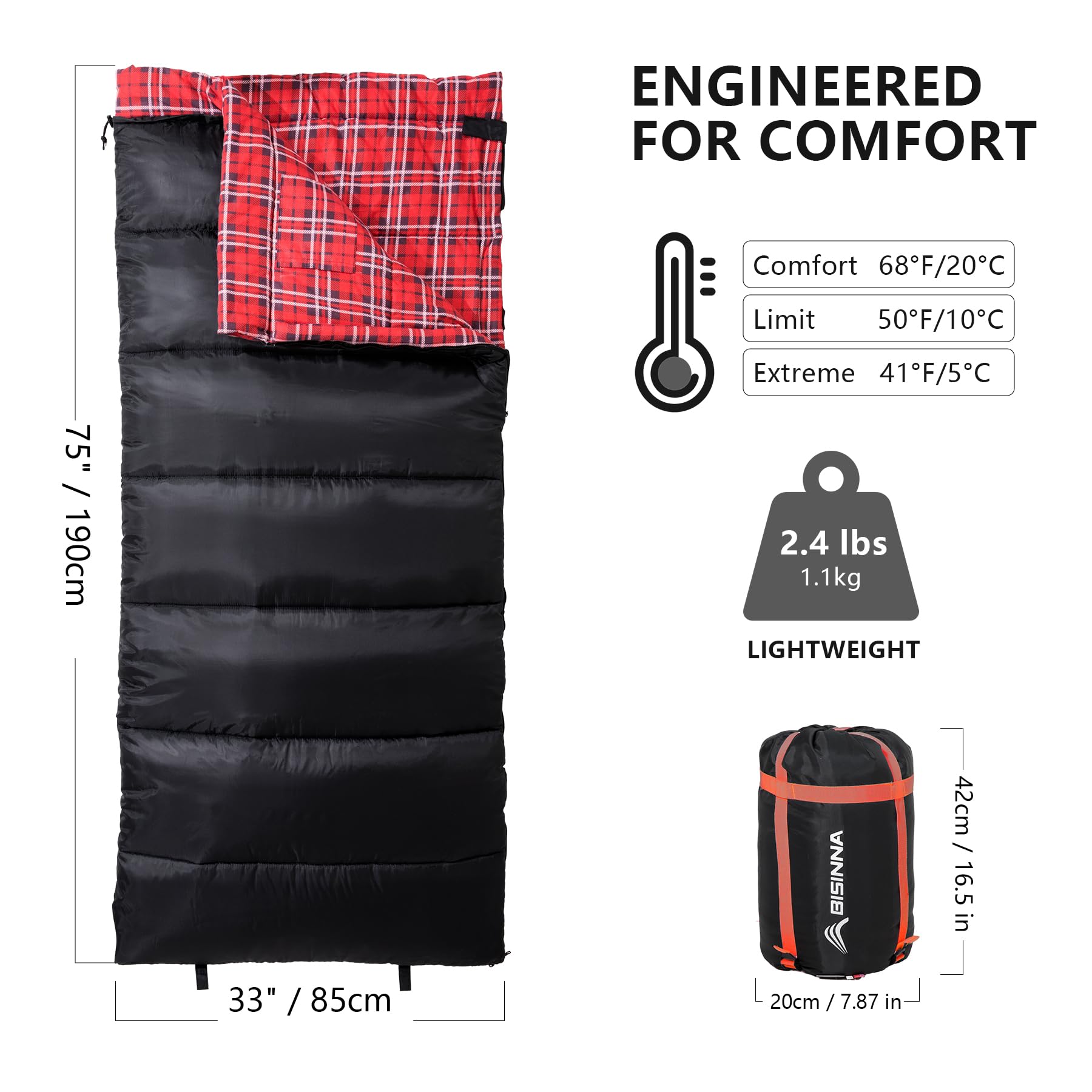 BISINNA Sac de Couchage en Flanelle de Coton, 2-3 Saisons, Intérieur/Extérieur, Motif Écossais Rouge et Noir, avec Sac de Compression