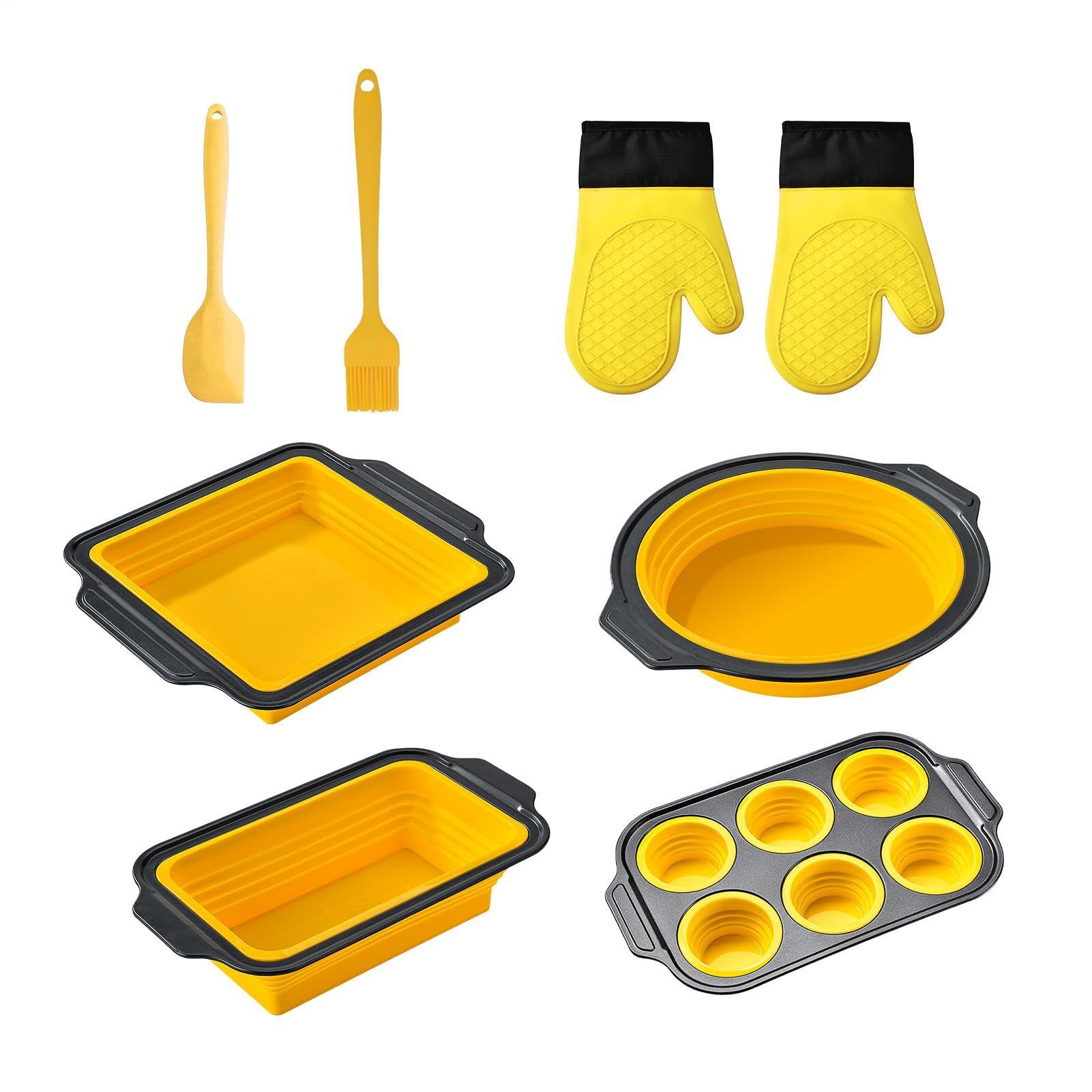Silikon Backform-Set Stapelbares Backblech | mit Topflappen, Teigschaber & Bürste, Backform-Set für Muffins, Kekse, Cupcakes, Eier, Donuts, Bacon, Toaster und Küche zu