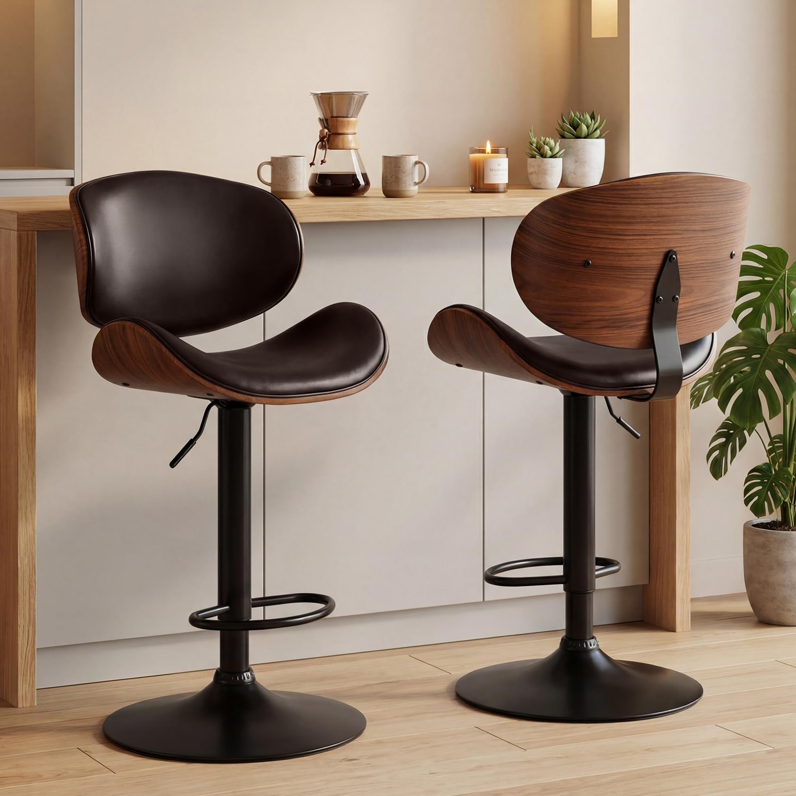 swivel bar stools set of 2, adjustable height 37-45 inch bentwood barstools with removable purple , pu leather upholstered bar chair for kitchen island dining room, brown