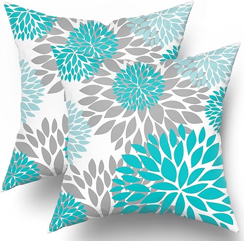 Kawani Juego de 2 fundas de cojín turquesa aguamarina de 16 x 16 pulgadas, fundas de cojín de flores de dalia azul turquesa, decoración floral gris,