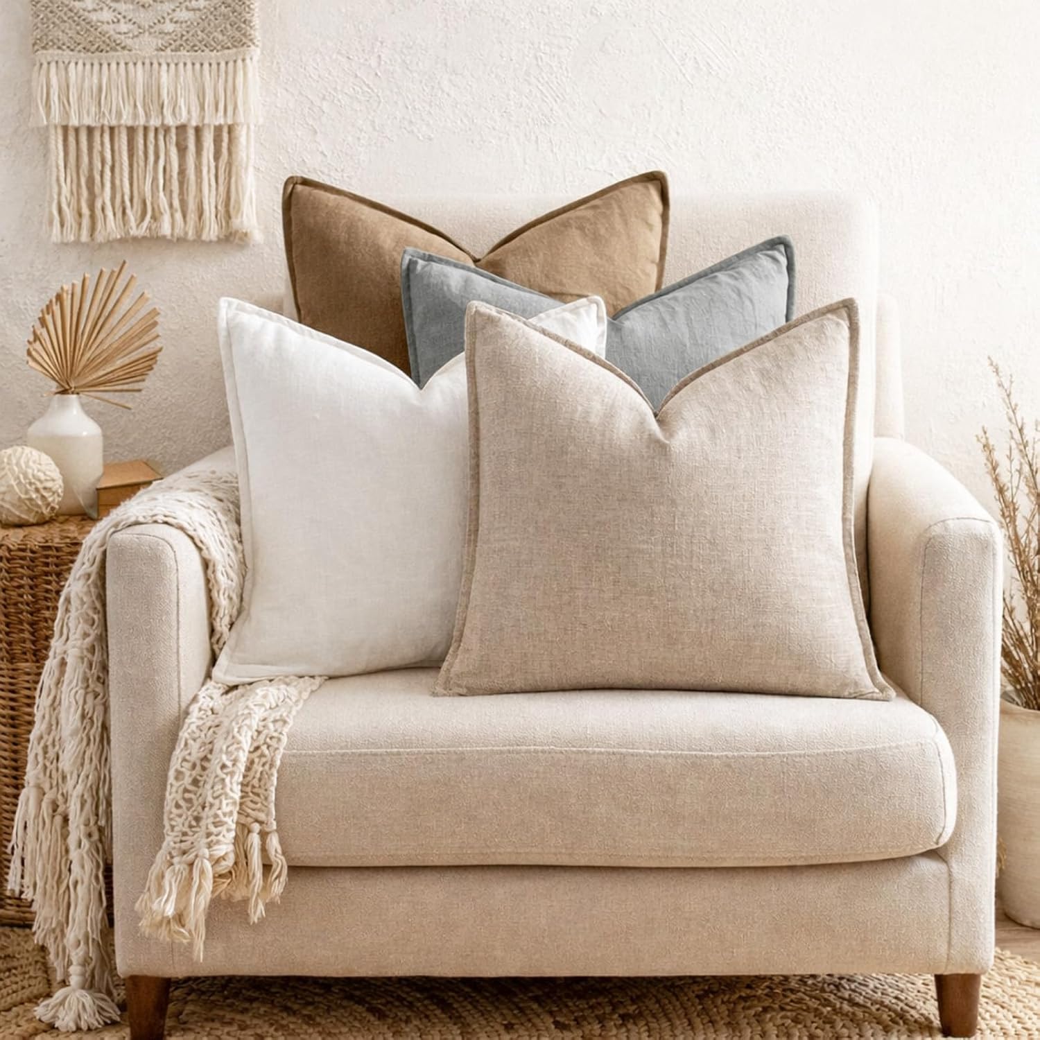 4 Pack 18x18 Inch Linen Pillow Covers Decorative Neutral Linen Throw Pillows Cases, Soft Rustic Cushions Boho Farmhouse Pillowcases for Bed Sofa Living Room Spring Decor(Neutral Color)