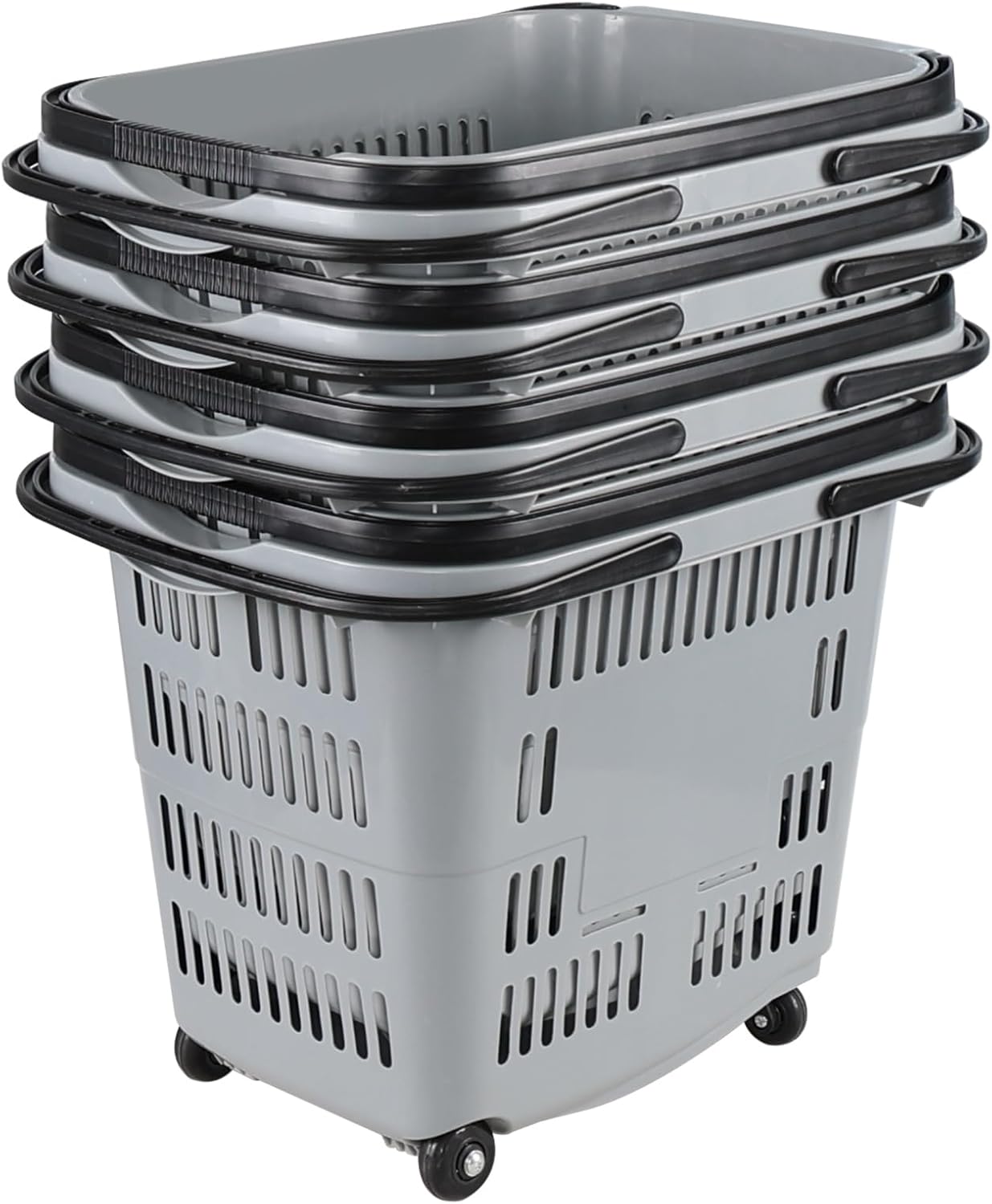 4 PCS Shopping Baskets, 50L Large Plastic Rolling Shopping Basket with Wheels, Shopping Carts with Handles, Portable Shopping Basket Set for Supermarkets, Grocery Shopping, Retail Stores, Gray