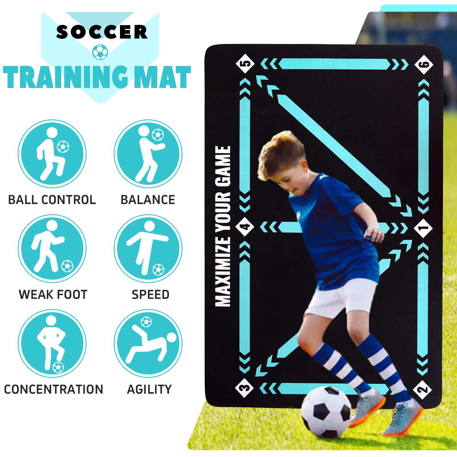 Soccer Training Mat, Football Footstep Training Mat, Soccer Practice Mat for All Levels, Non-Slip Silent Equipment, Ball Mastery, Agility Drills and Soccer Practice