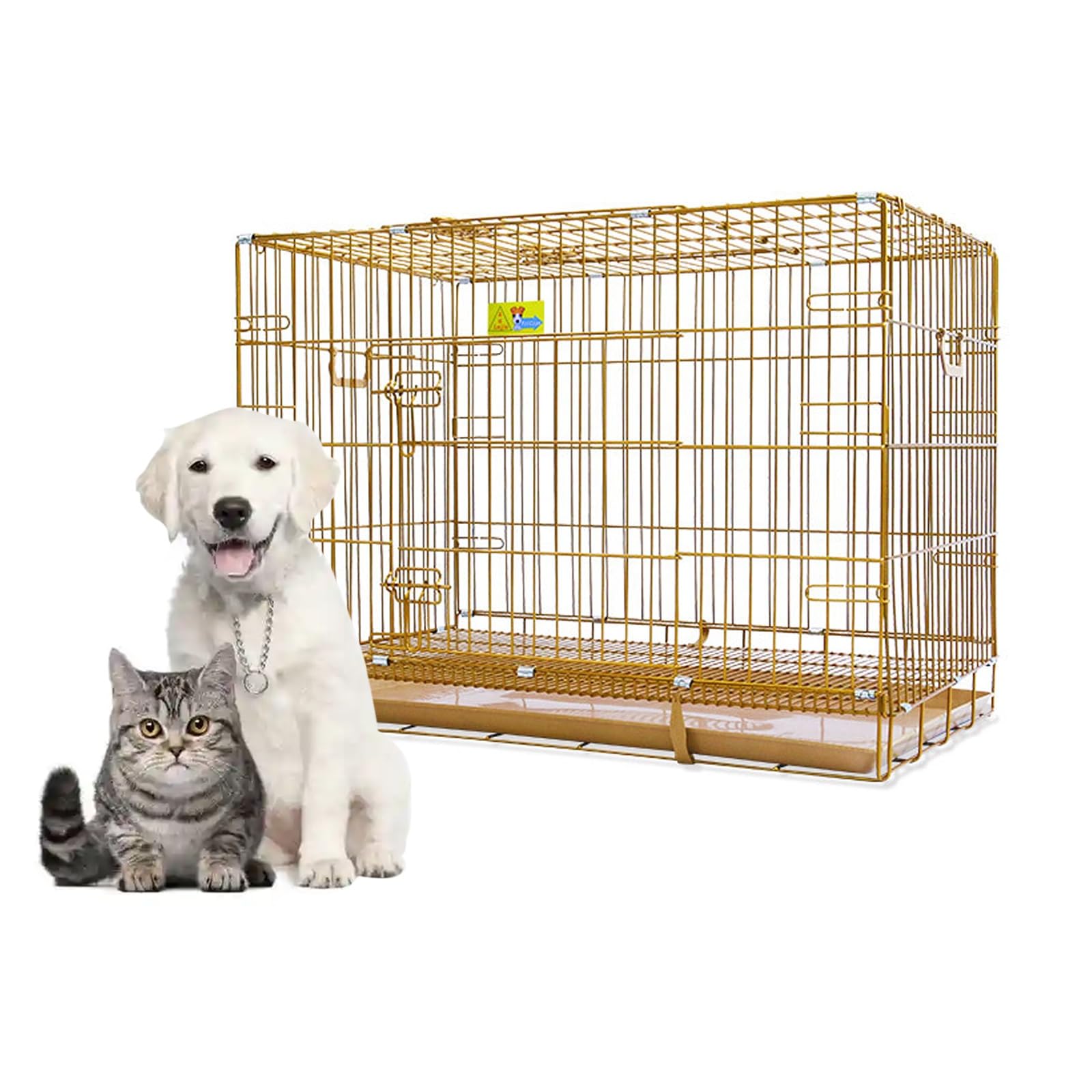 Indoor Cat Cage with Tray Portable Metal Pet Crate Puppy Playpen Removable, Metal Wire Kennels Ideal for Kittens, Puppies, Rabbits, Chinchillas(Gold,Medium)