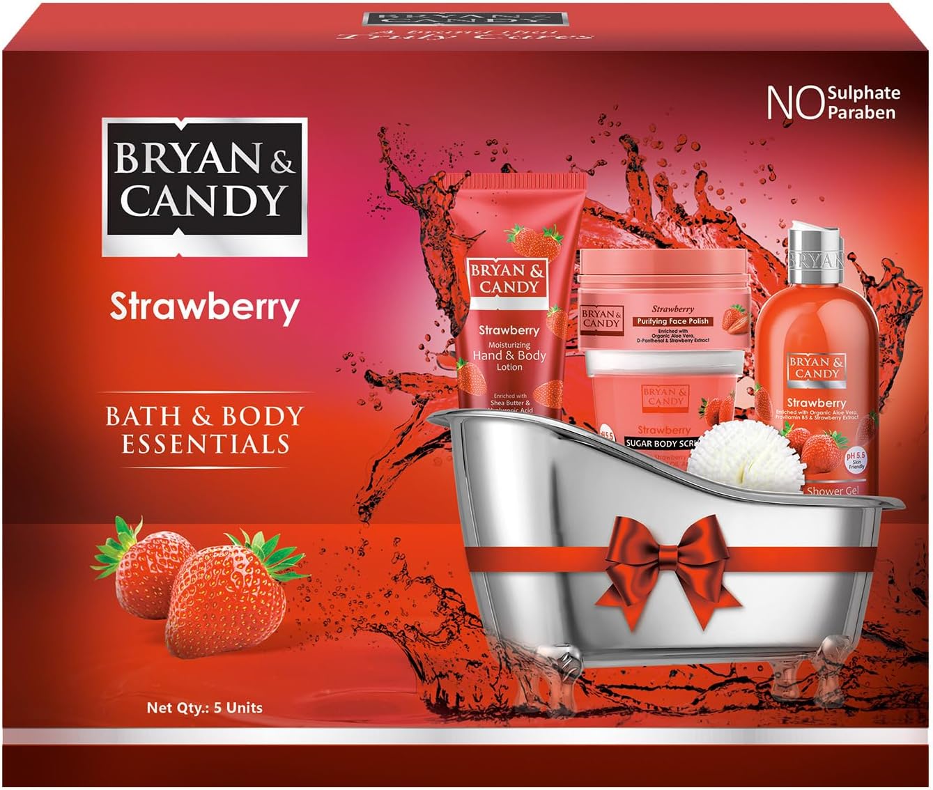 BRYAN & CANDY New York Strawberry Bath Tub Kit for Complete Home Spa Experience (Shower Gel, Hand & Body Lotion, Sugar Scrub, Body Polish)
