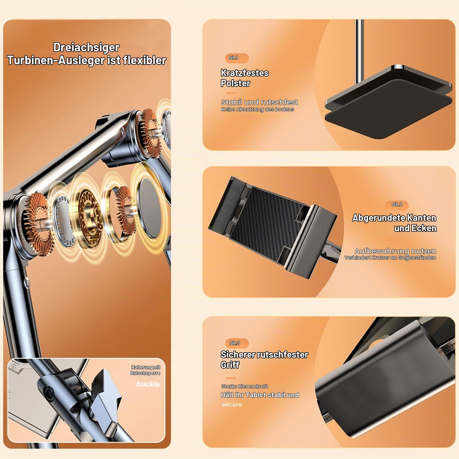 Tablet Bodenständer,Tablet Halterung 360 Grad Drehbar Höhenverstellbarer Metall Tablet Halter mit Ausziehbarer Arm für Zuhause Bett Sofa Kompatibel mit 4-12.8" iPad iPhone Kindle E-Reader (3 Segment)