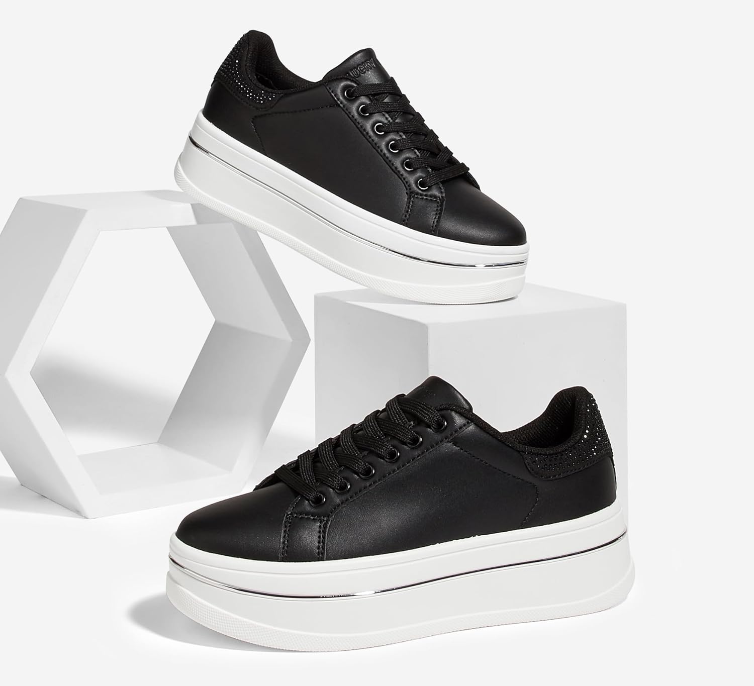 LUCKY STEP Women's Chunky Fashion Sneakers High Platform Rhinestone Butterfly Casual Faux Leather Durable Walking Tennis Shoes - Image 5