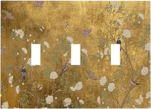 Decorative Switch Plate Covers Vintage White Flowers Birds on Golden Background 3 Gang Light Switch Cover Plate Triple Toggle Wall Plate Light Switch Covers for Bedroom Home Decor