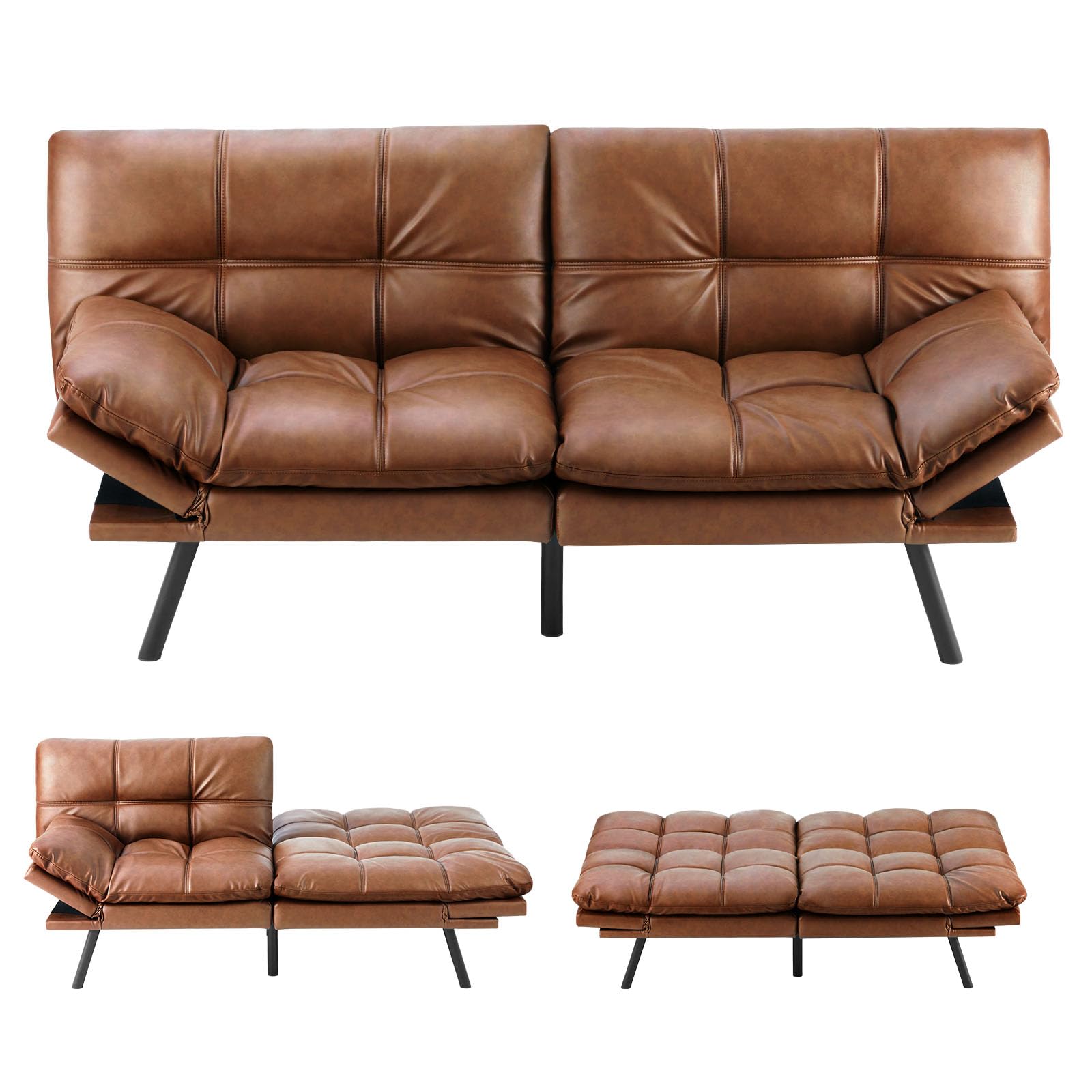 Sweetcrispy Futon Sofa Bed Memory Foam Futon Couch Bed Sofa Sleeper, Modern Convertible Faux Leather Futon for Living Room, Small Love seat for Apartment Office, Adjustable Armrests Backrest, Brown