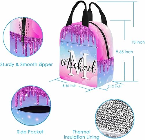 Miniatura 9 de Bolsa de almuerzo personalizada para niños con nombre, amarillo, naranja, puntos brillantes, degradado, aislada, con 2 bolsillos, bolsas de almuerzo