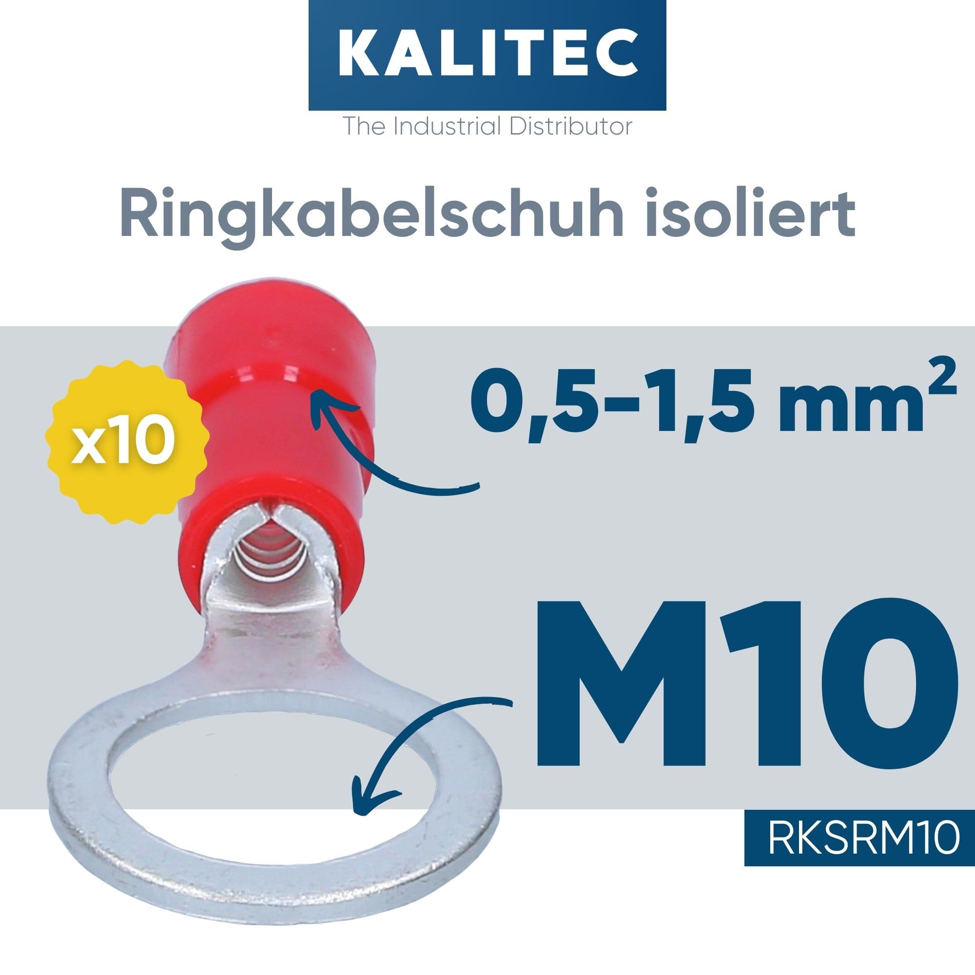 Produktbild von Kalitec RKSRM10 Ringkabelschuh – 10 Stück, 0,5-1mm², Teilisoliert M10, Rot, Kupfer Mit PVC-Kragen – Zum Quetschen, Für Auto, HiFi, Haus & KFZ