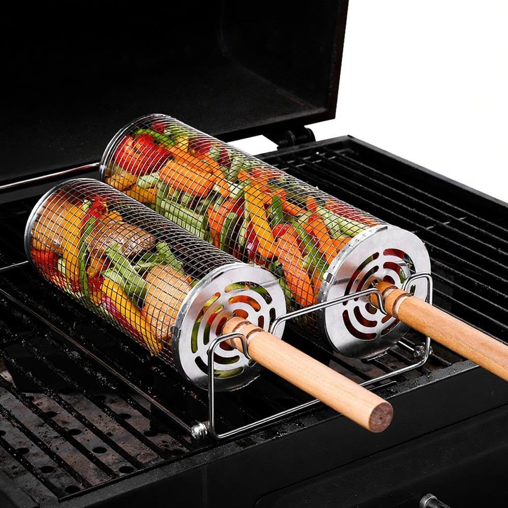 360° Rotating Grill Basket BBQ Roller – Stainless Steel Rolling Grill Cage with Long Wooden Handle – Even Cooking for Meat & Veggies – Rustproof & Easy to Clean Barbecue Grill Tool (BBQ Roller Grill)