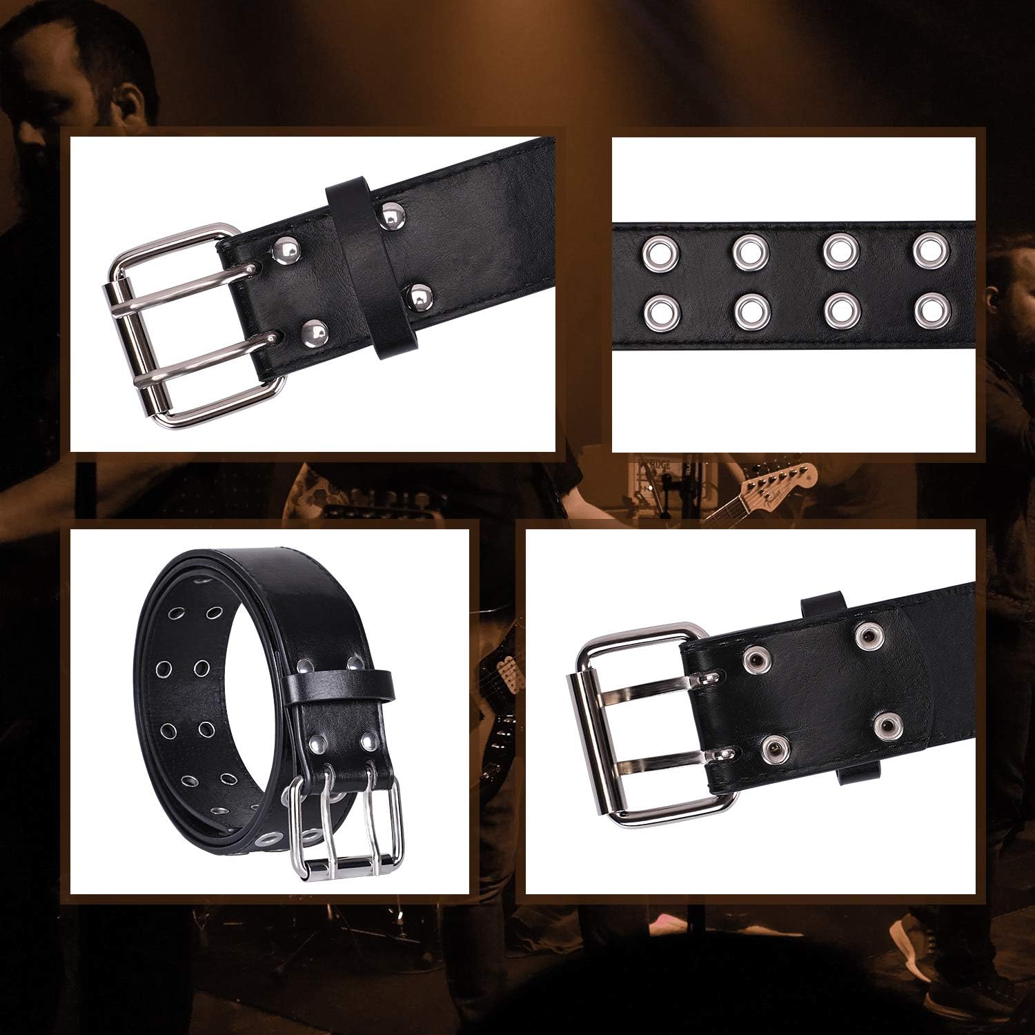 WHIPPY Double Grommet Belt for Women Men PU Leather Double Prong Buckle Vintage Punk Rock Jeans Belts - Image 3