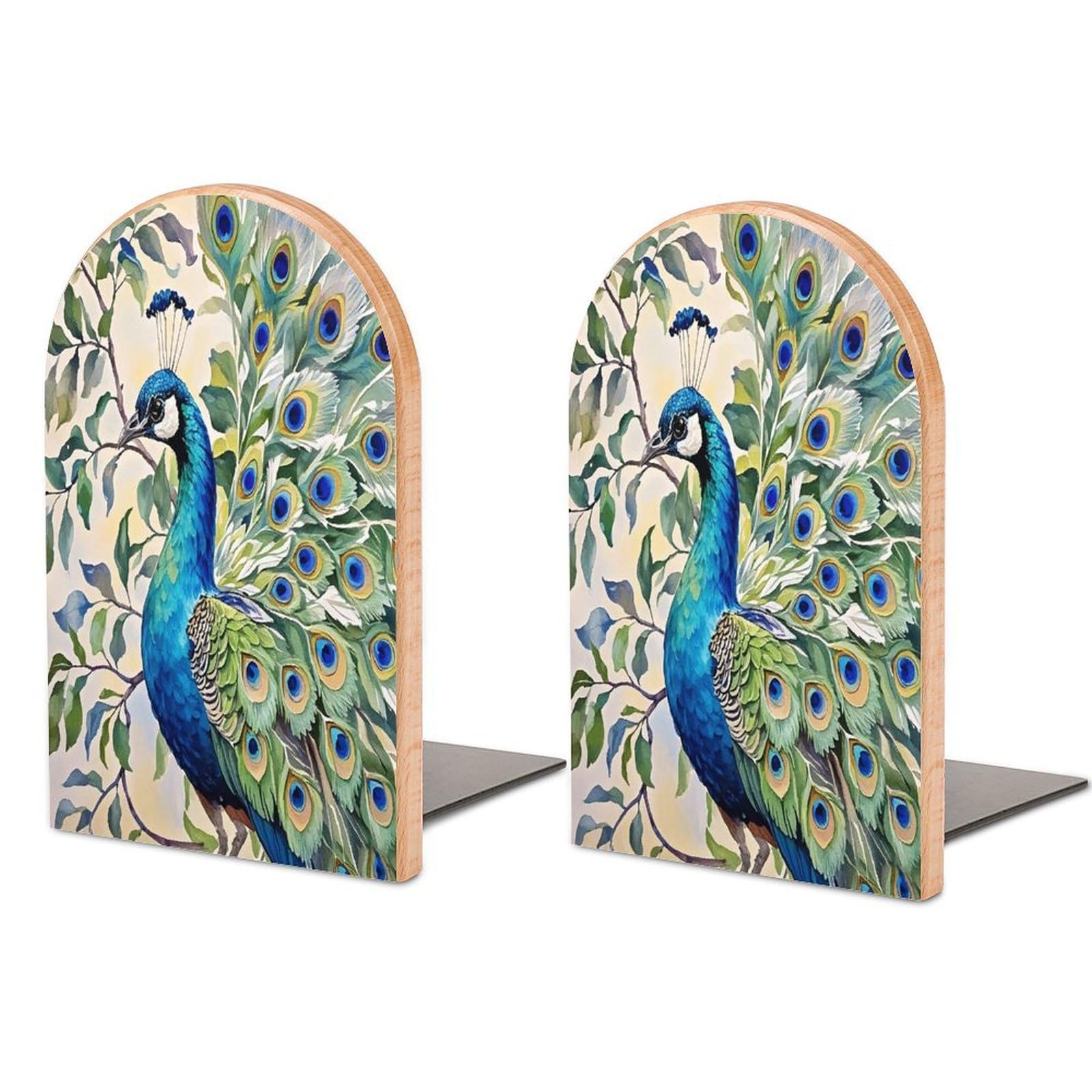 Peacock Watercolor Painting Book Ends Wood Non-Skid Bookend for Shelves Heavy Duty Bookends with Metal Base Decorative Books Stopper Desk Organizers Book Dividers for Office Home 1 Pair