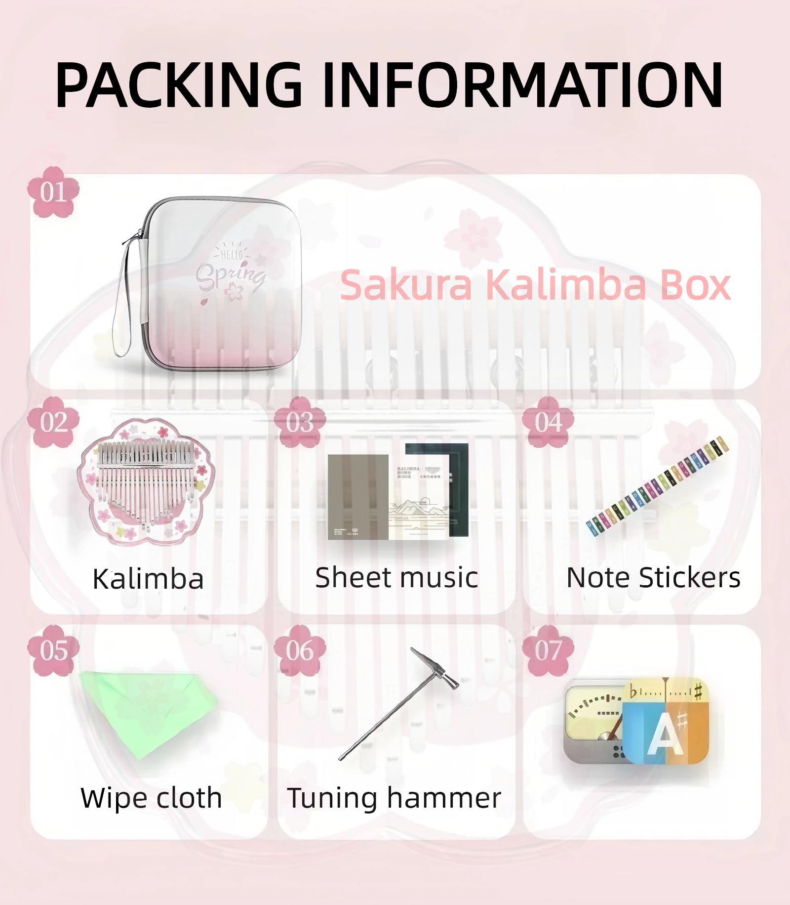 Kalimba Daumenklavier 21 Töne mit Schutzcase Komplett-Set, Sakura-Form Transparentes Kristall-Kalimba 17 Töne, Professionelles Musikinstrument für Anfänger (Rosa, L)