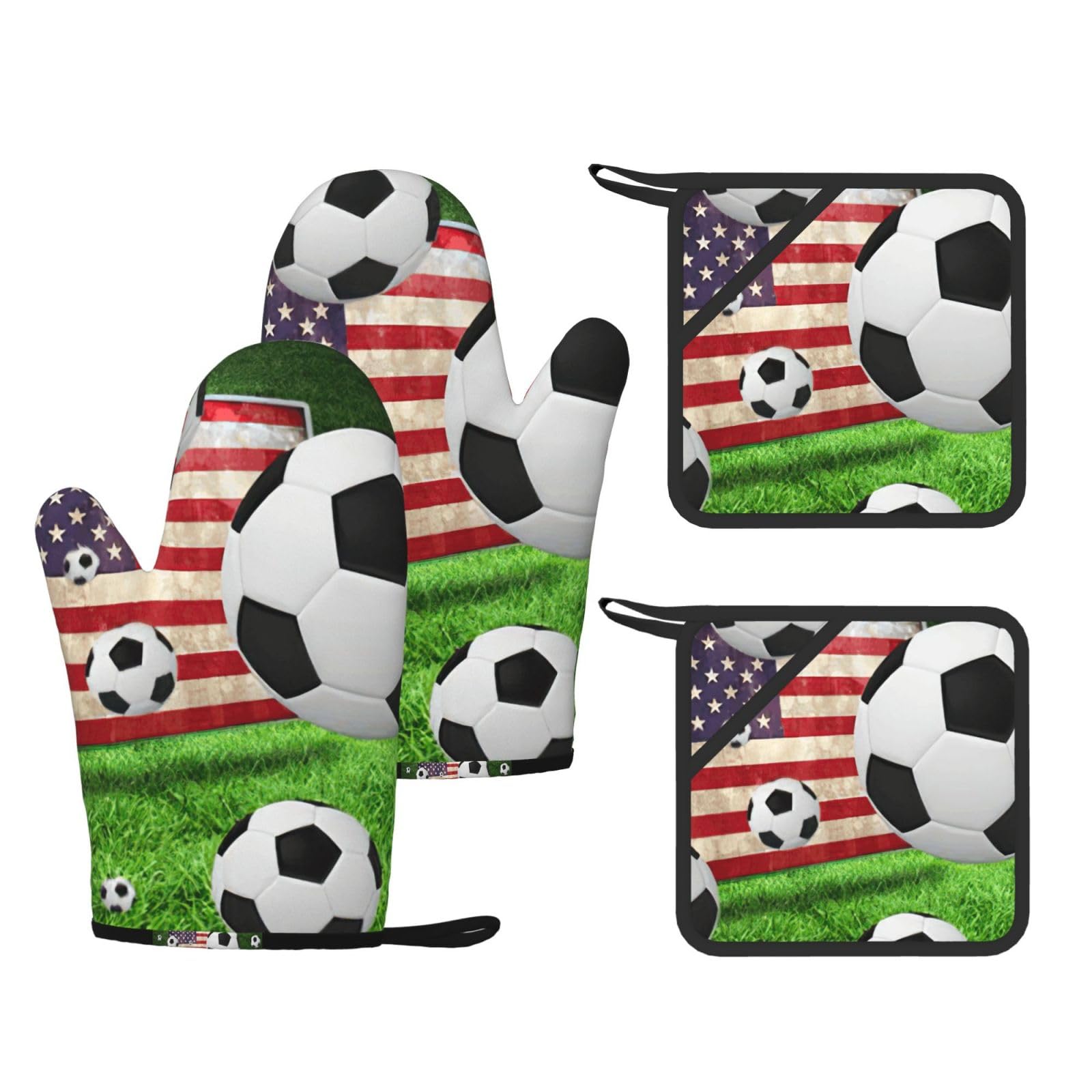 Soccer Usa American Flag Print Oven Mitts And Pot Holders Pads Set, Oven Glove High Heat Resistant 500 Degree For Kitchen