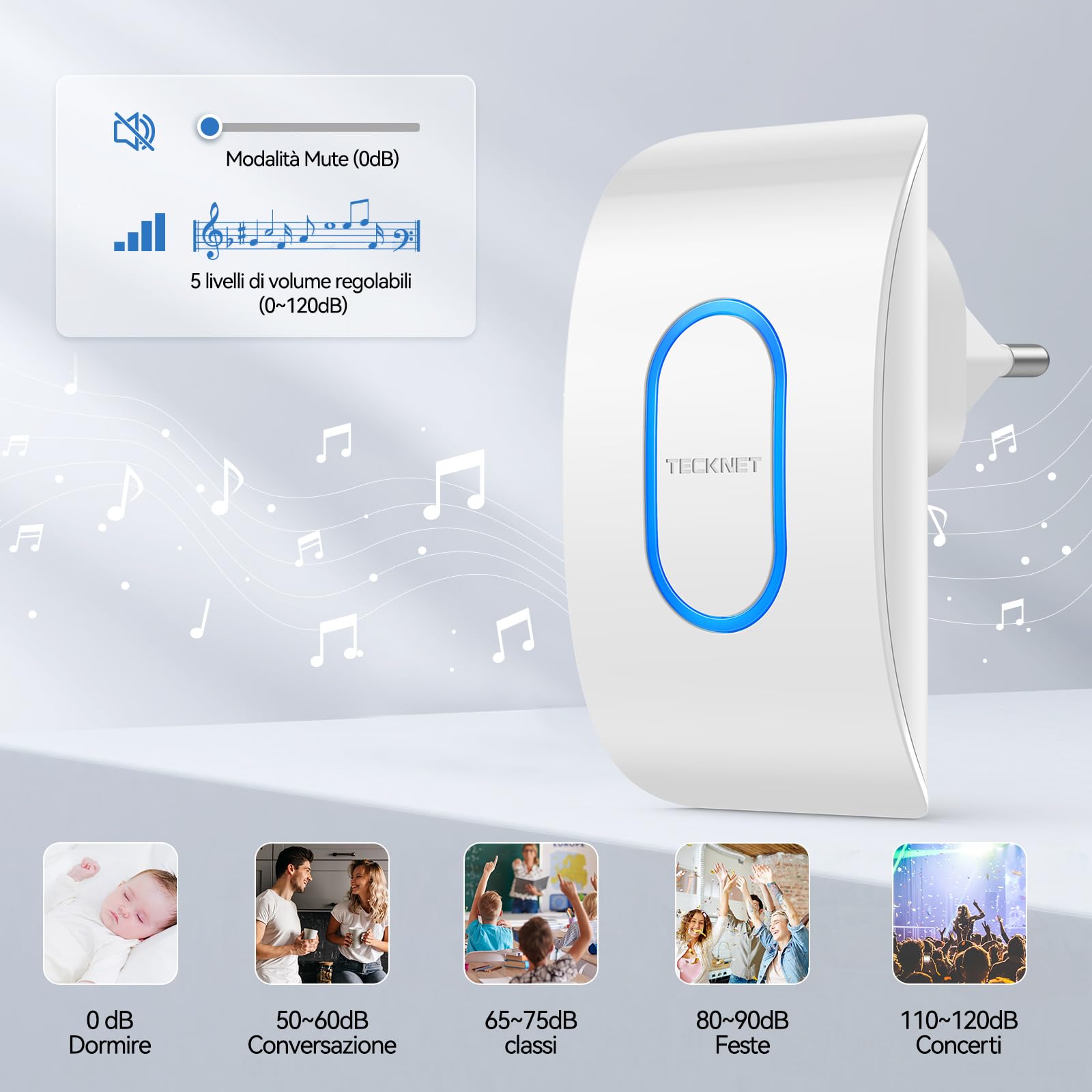 TECKNET Campanello Senza Fili, Portata 400m 60 Melodie e 5 Livelli di Volume Indicatori LED de Esterno IP65 Impermeabile Campanelli Wireless, Bianco, 1 Trasmettitore + 3 Ricevitori
