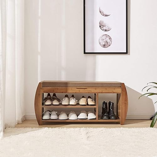 Miniatura 6 de Zapatero y banco de zapatos de bambú, organizador de almacenamiento de entrada, multifunción para pasillo, baño, sala de estar, pasillo y jardín,