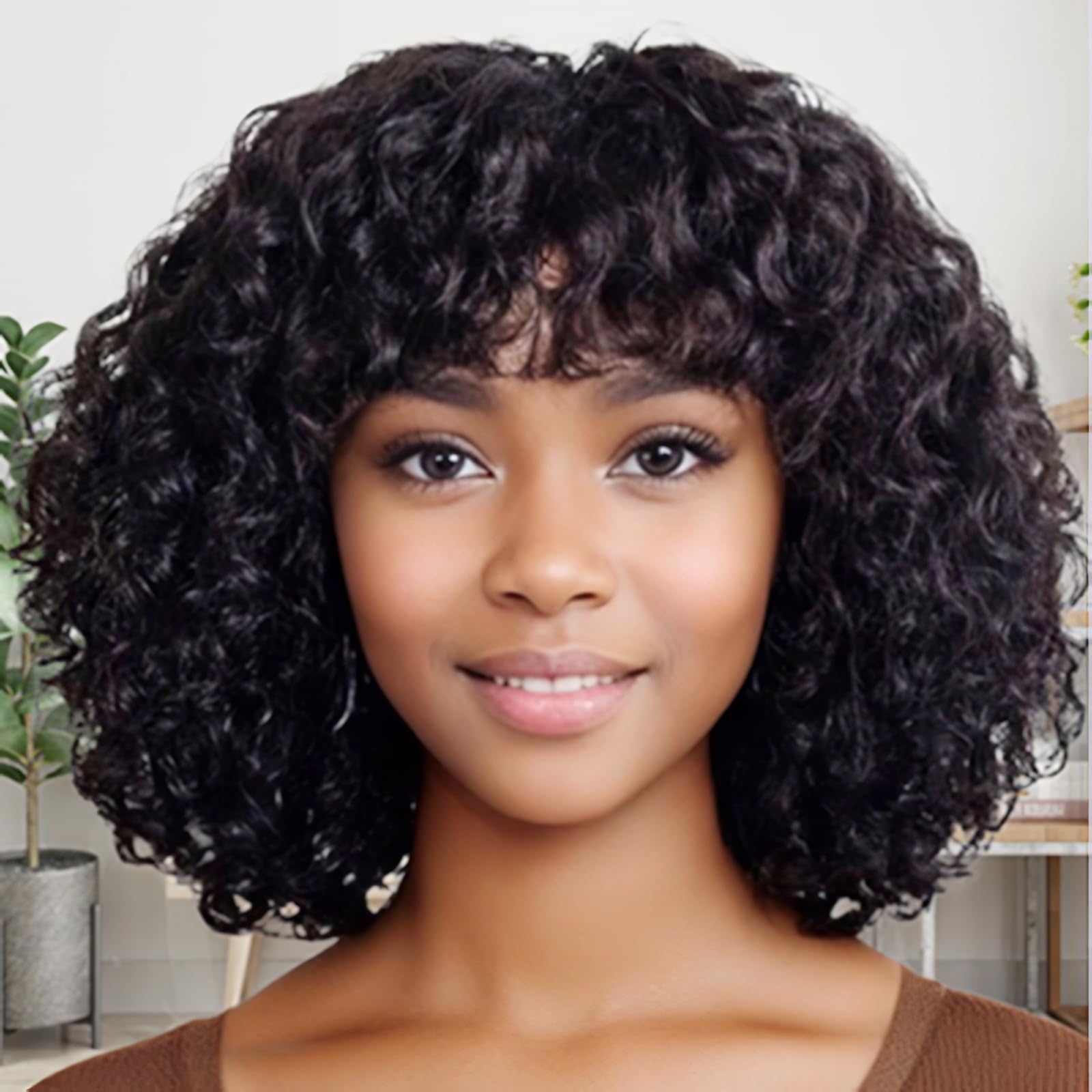 Short Bob Curly Human Hair Wigs with Bangs 100% Brazilian Virgin Bob Wig Human Hair for Black Women Glueless Full Machine Made None Lace Front Wig 180% Density Natural Black 10 Inch