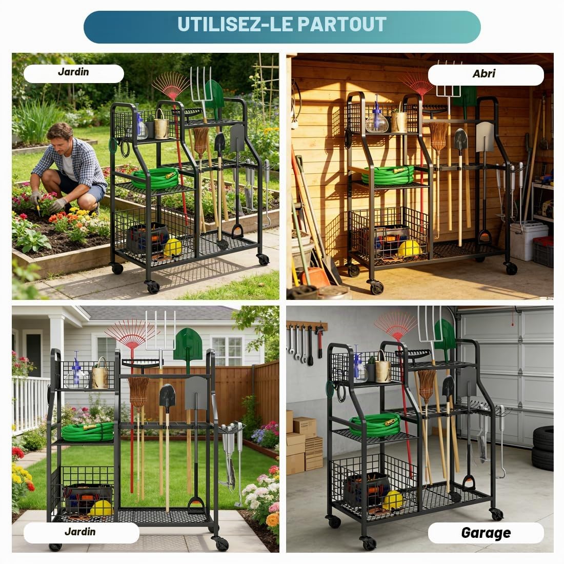 Rangement d'outils de jardin à roulettes 3 niveaux garage robuste noir max