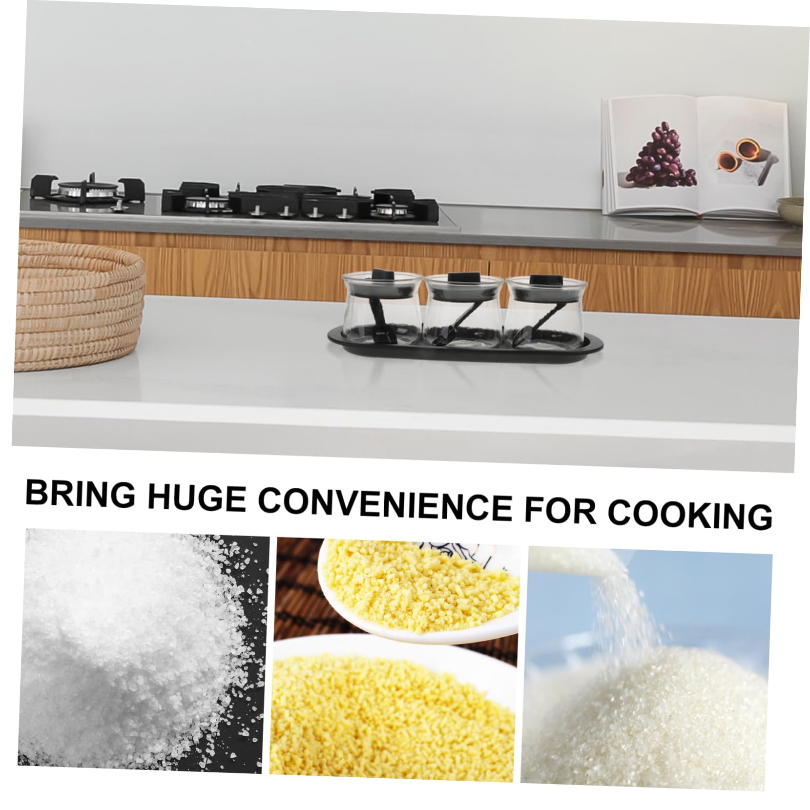 Set 3 Contenitori per Spezie da Cucina Trasparenti in Vetro Soda con Cucchiai Dosatori e Vassoio, Barattoli per Condimenti in Pp per Sale, Pepe e Salse, Pratici per Uso Quotidiano
