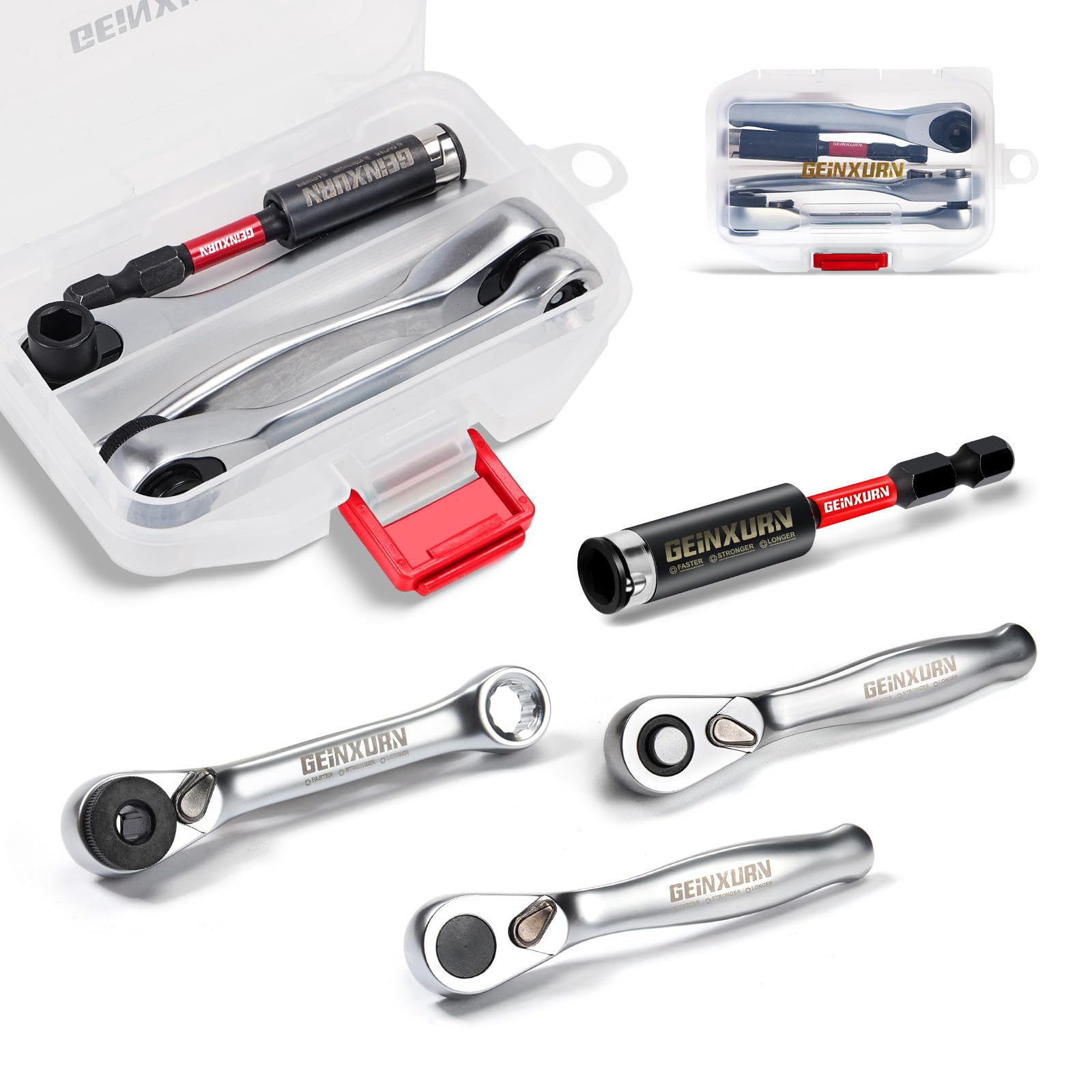 Geinxurn 4 Pcs Mini Ratchet Wrench & Bit Holder Set, 1/4" Drive Ratchet Handle Wrench, 72-T Quick-Release Reversible Socket Bit Spanner and Impact Extension Bit Holder with Case