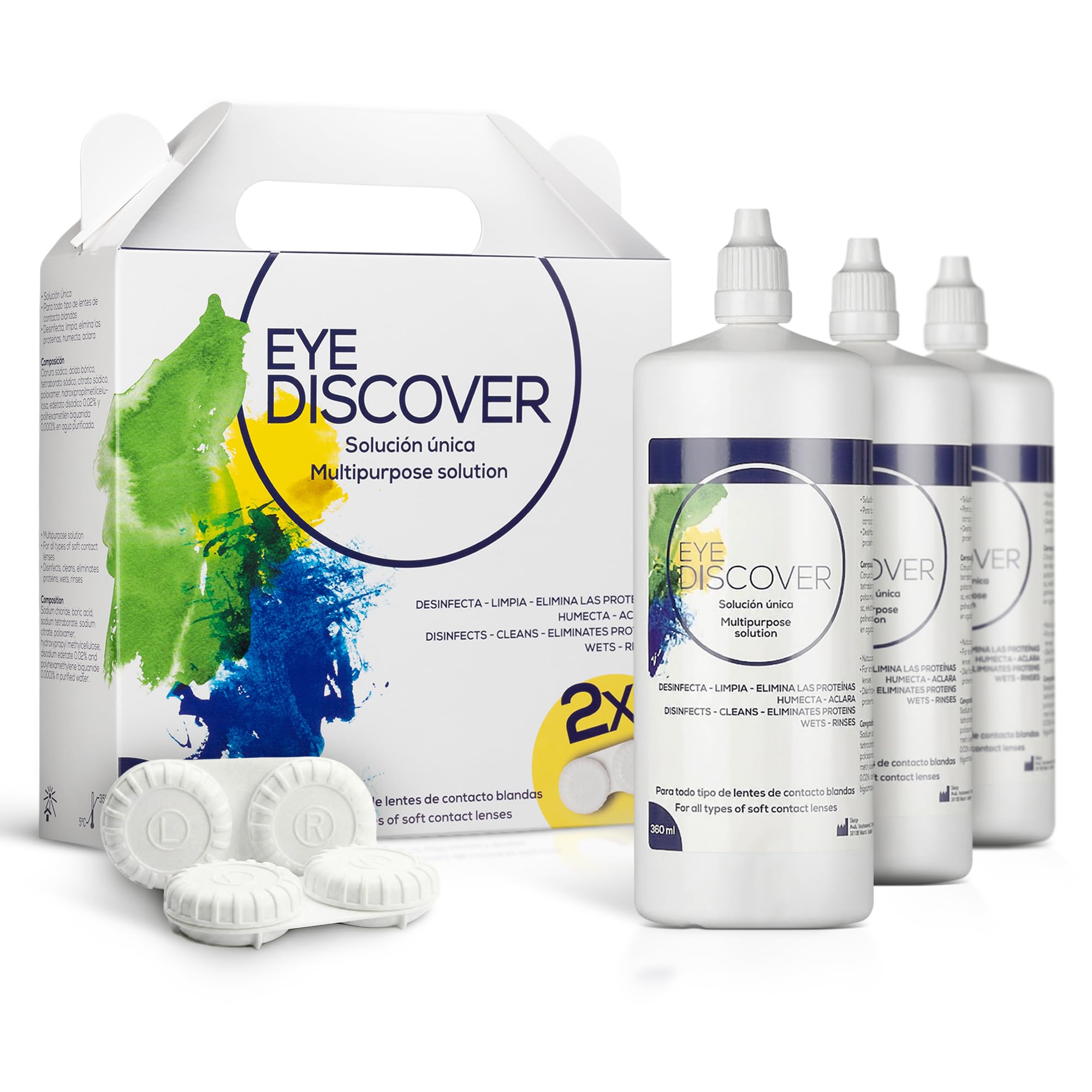 Soluzione unica per lenti a contatto morbide | 3 x 360 ml, 2 portalenti antimicrobici | Disinfetta, elimina proteine, idratazione | Comfort e manutenzione giornaliera