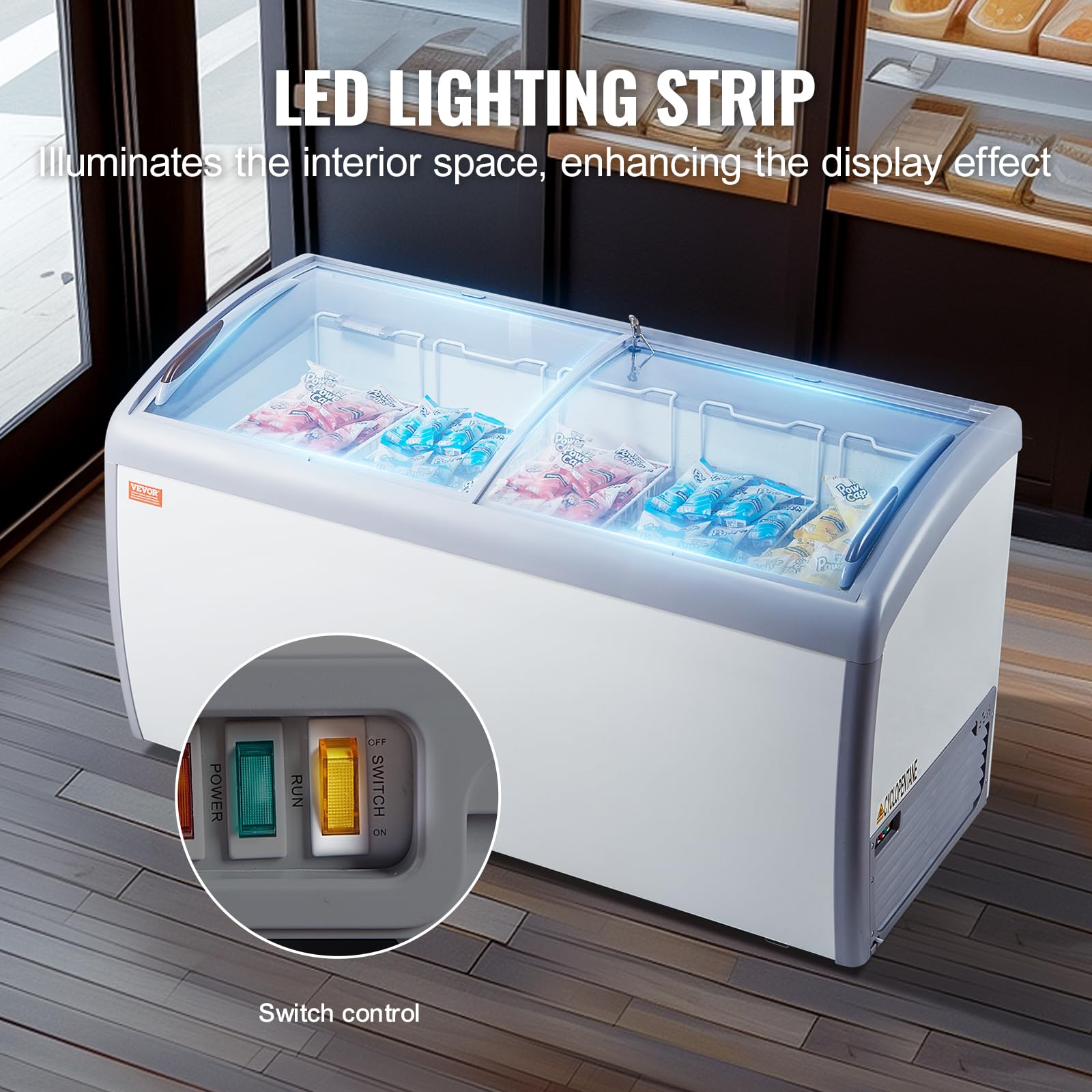 VEVOR Vitrine Réfrigérée à Crème Glacée Commerciale, Comptoir à Glace 460 L, Congélateur Mobile avec Dessus en Verre, 5 Paniers Métalliques, 2 Portes Coulissantes en Verre, Roulettes Verrouillables