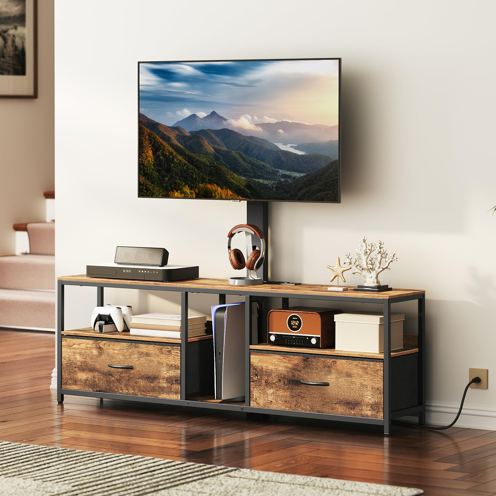 TV Stand with Mount for up to 75", Entertainment Center with Switch-Controlled Charging Station, Swivel TV Stand Mount with Fabric Drawers, for Living Room, Rustic Brown TVHR154E01N1