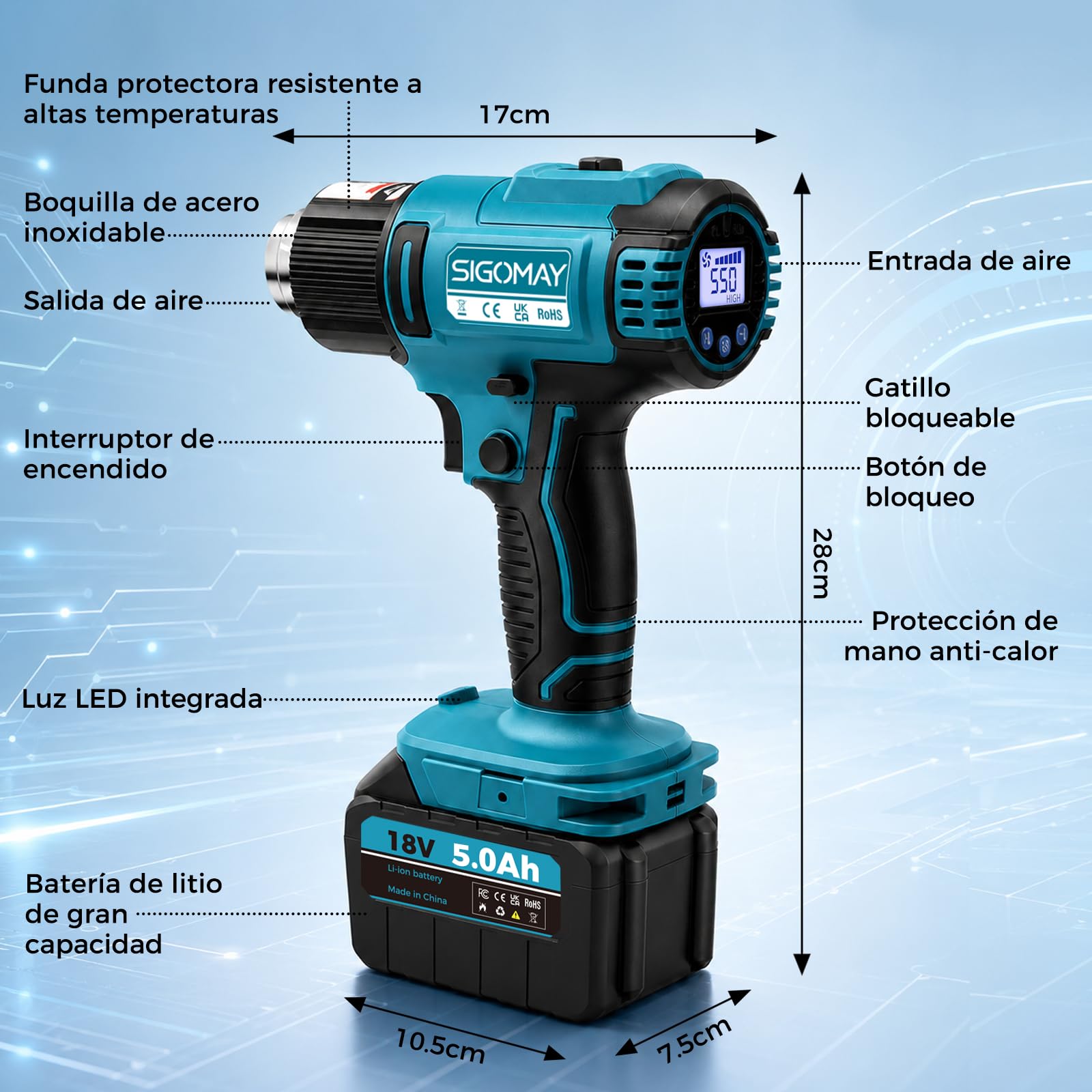 Decapador Térmico a Batería 18V con Batería 5.0Ah y Cargador Rápido | Pistola de Aire Caliente Compatible con Makita LXT, Pantalla LCD (Ajuste Rápido), 50-550°C, 6 Velocidades, 7 Accesorios