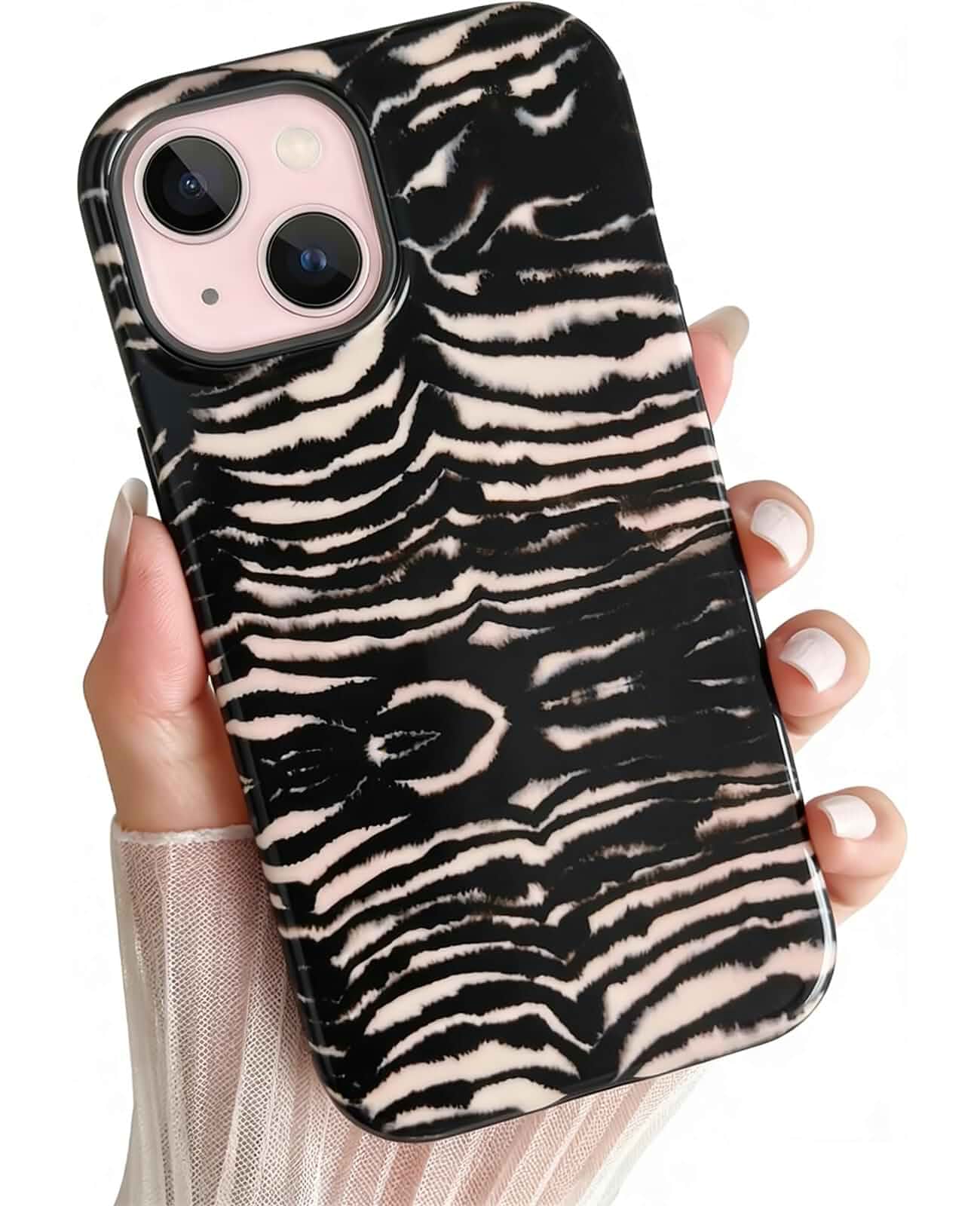 Compatible with iPhone 15 Case Stylish Zebra Tiger Animal Print Pattern Retro Square Phone Case Shockproof Double-Layer Drop-Resistant Protection (Zebra, iPhone 15) Striped