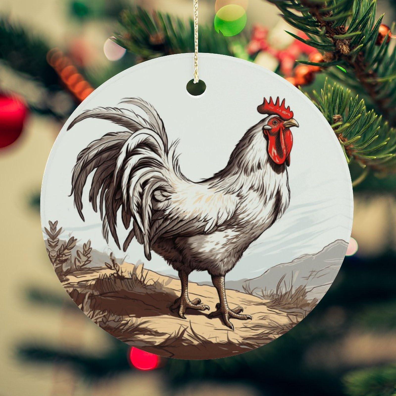 Chicken Sketch Christmas Ornament for Christmas Tree Ceramic Round Ornament Winter Holiday Keepsake Gift 2.7" Christmas Tree Hanging Decorations Circle Ceramic Pendant Xmas Gift
