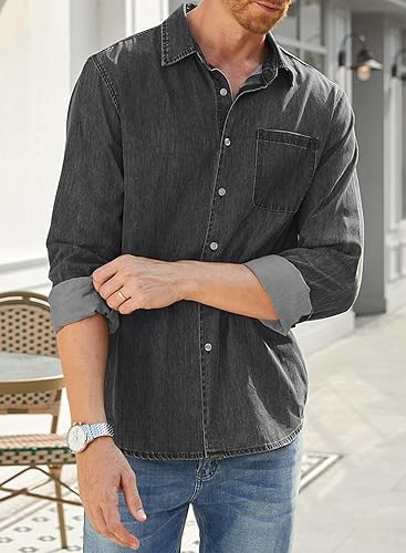 Miniatura 9 de JMIERR Mens Denim Shirts Casual 100% Cotton Long Sleeve Button Down Shirt
