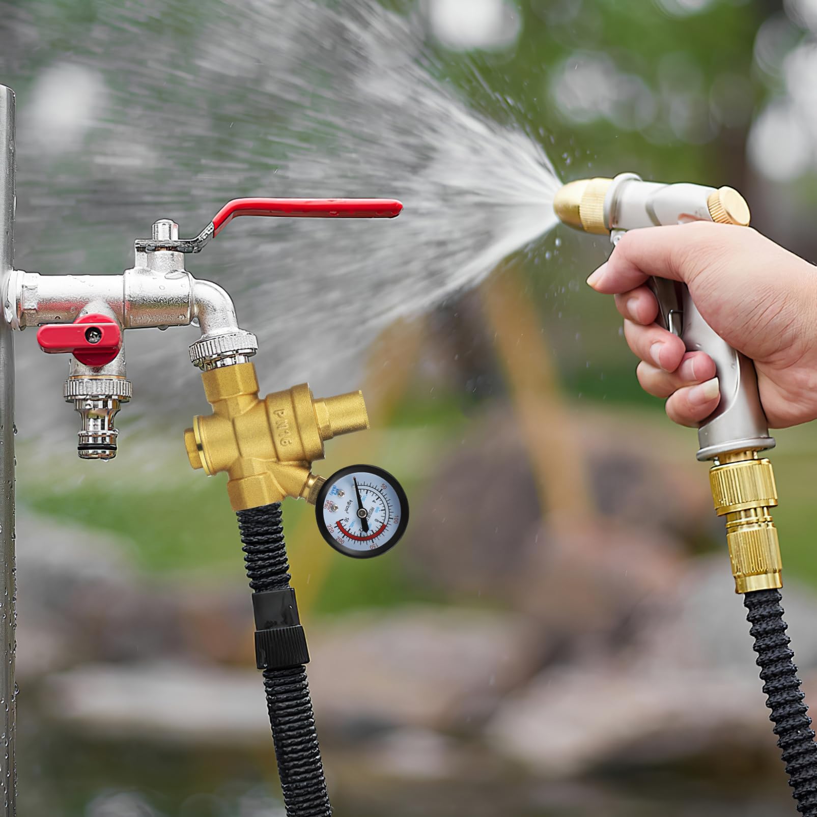 RV Water Pressure Regulator with 1/2 inch Gauge and Wrenches - Brass DN15 Water Pressure Reducing Valve - Adjustable Water Valve for RV Home Water Regulator